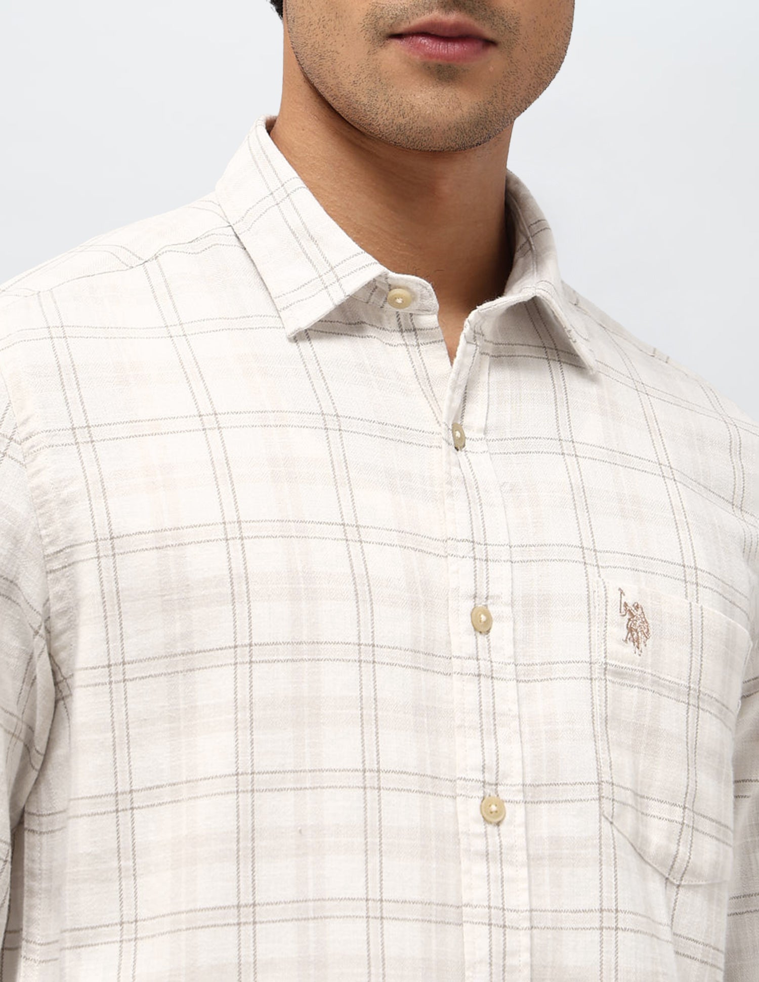 Grid Tattersall Checked Herringbone Shirt Ecru - U.S. POLO ASSN. | Large