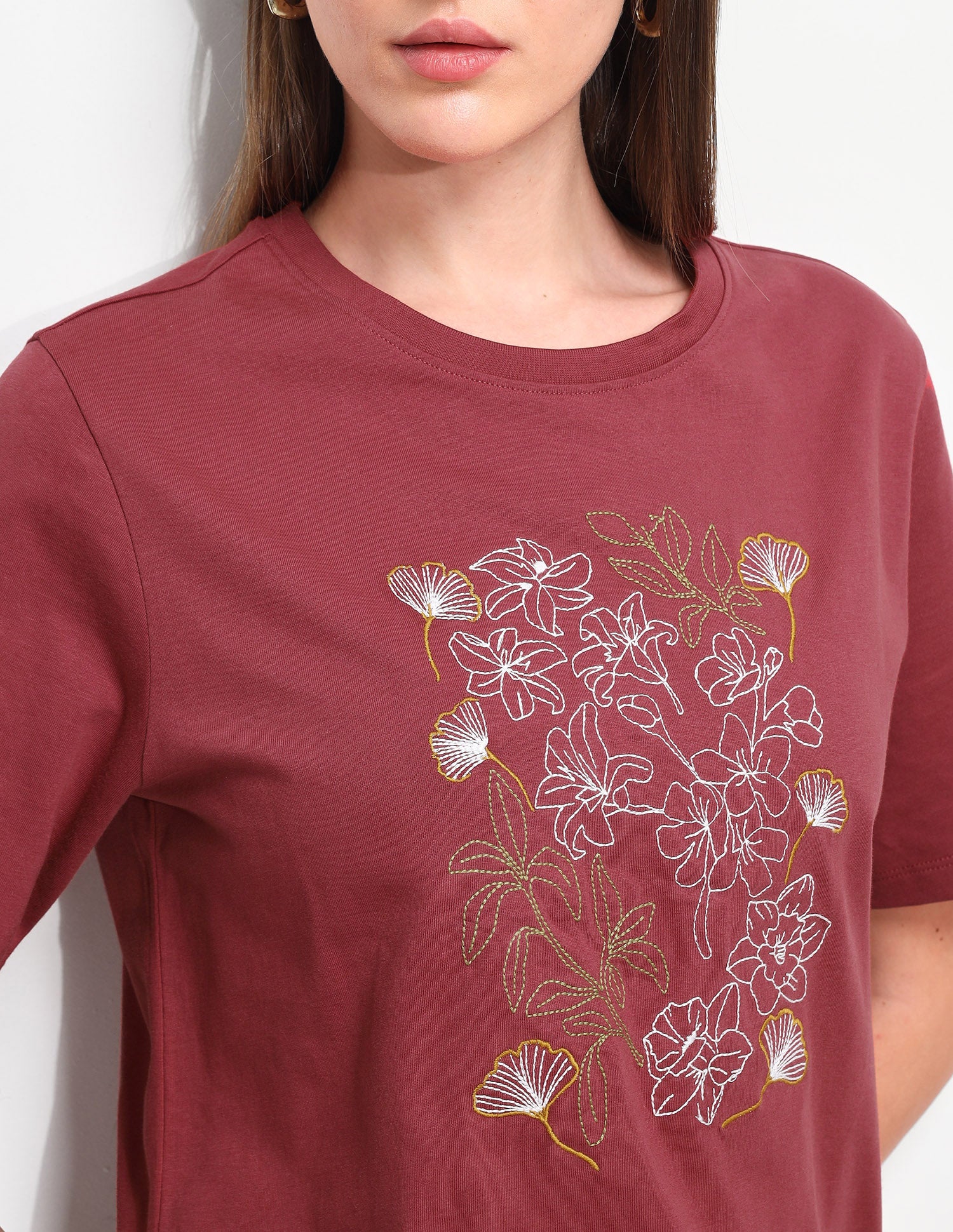 Floral Embroidered Boxy Fit T-Shirt Maroon - U.S. Polo Assn. India | Large