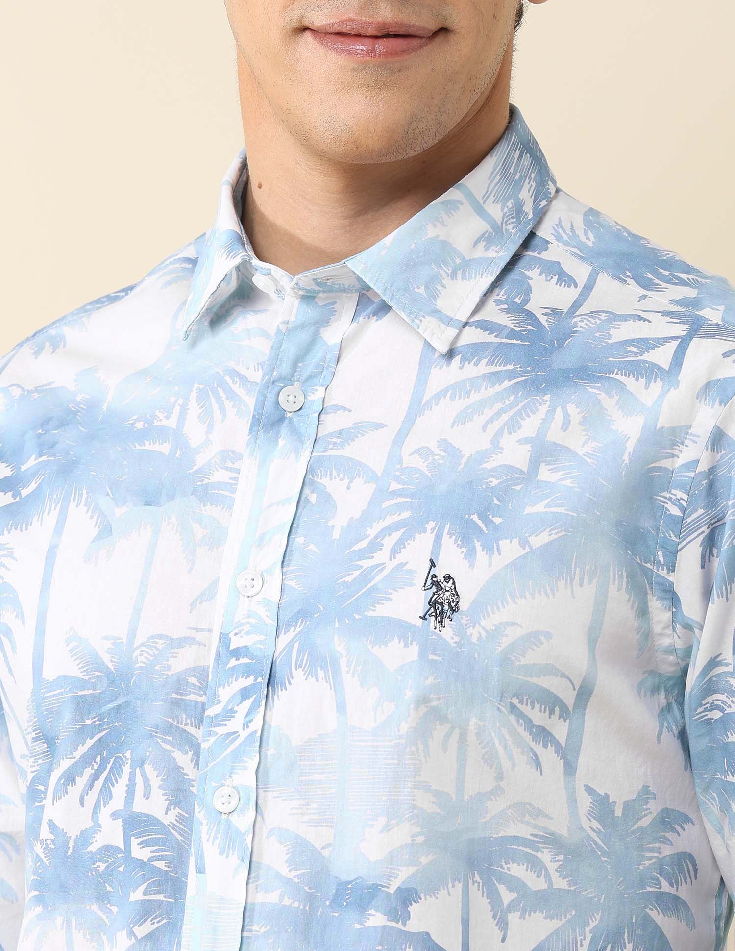 Tropical Printed Poplin Shirt Light Blue - U.S. Polo Assn. India | Large