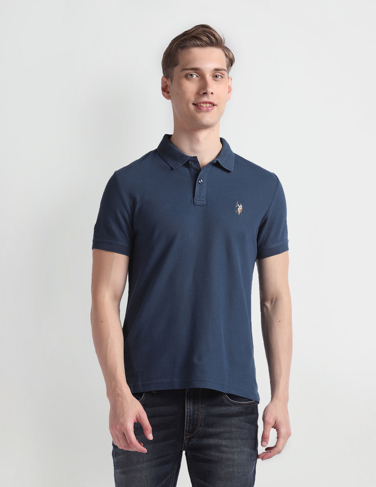 Patterned Collar Cotton Polo Shirt Blue - U.S. Polo Assn. India | Large