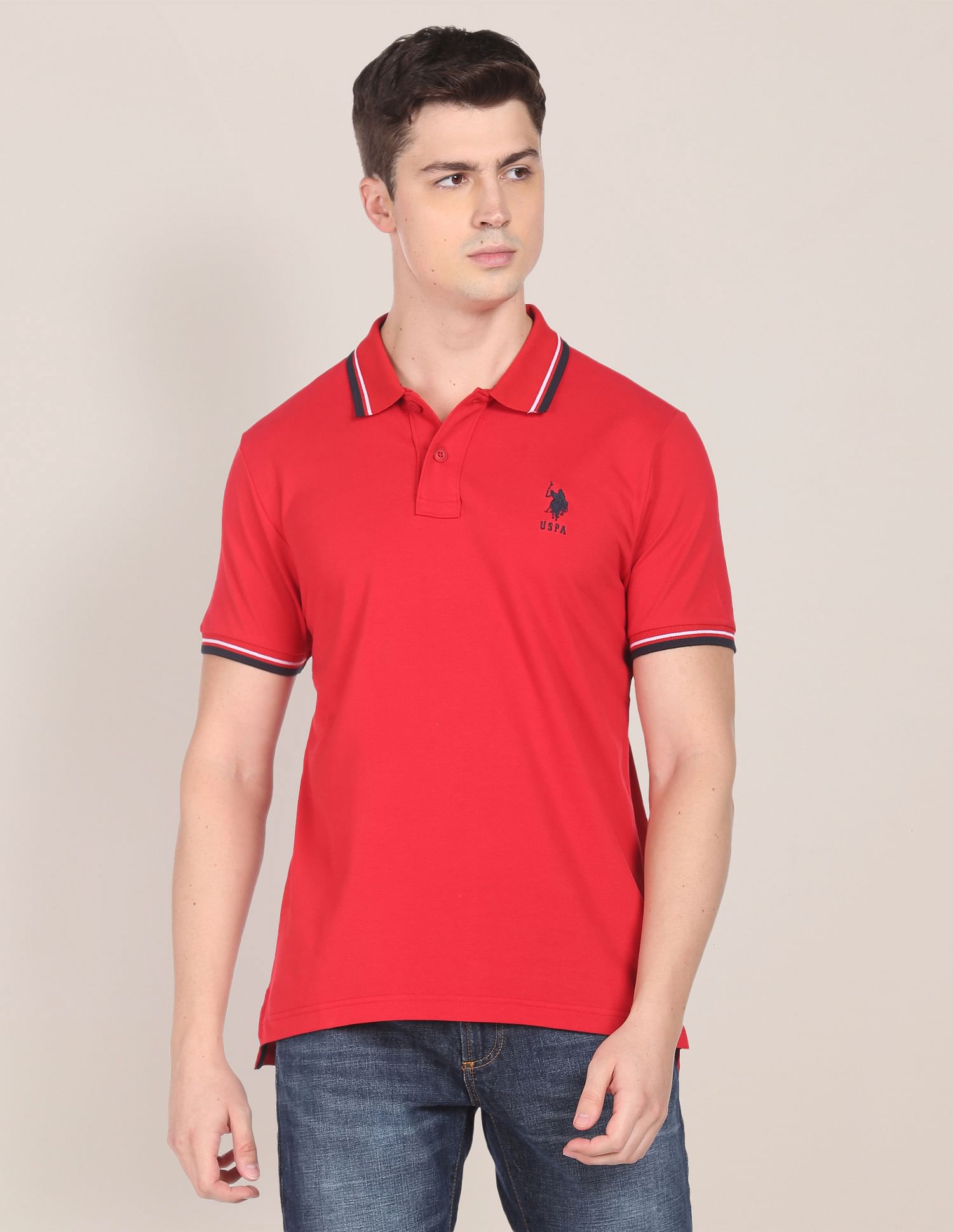 Striped Collar Cotton Polo Shirt Red - U.S. POLO ASSN. | Large