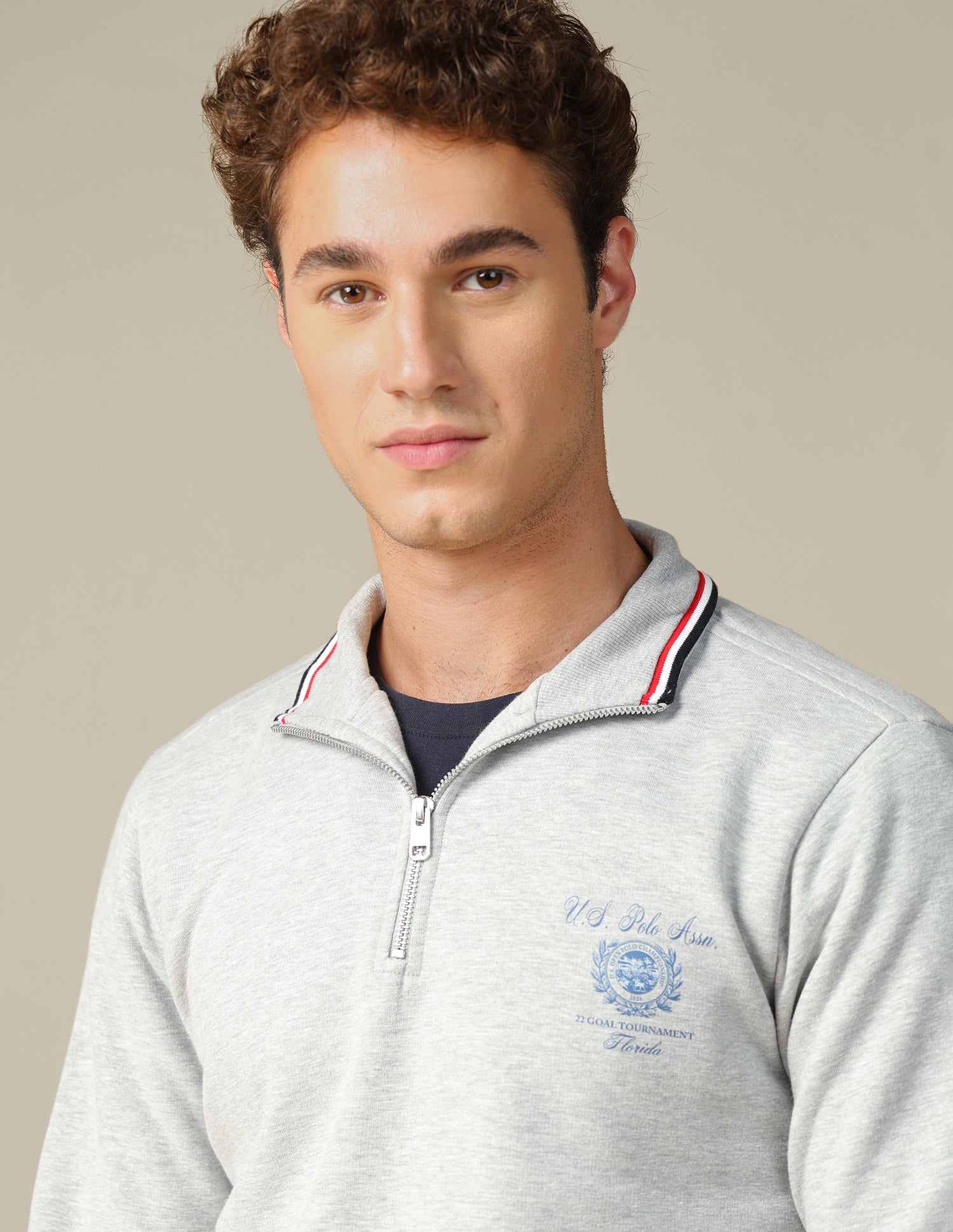 Solid Zipper Sweatshirt Ecru Melange - U.S. Polo Assn. India | Large