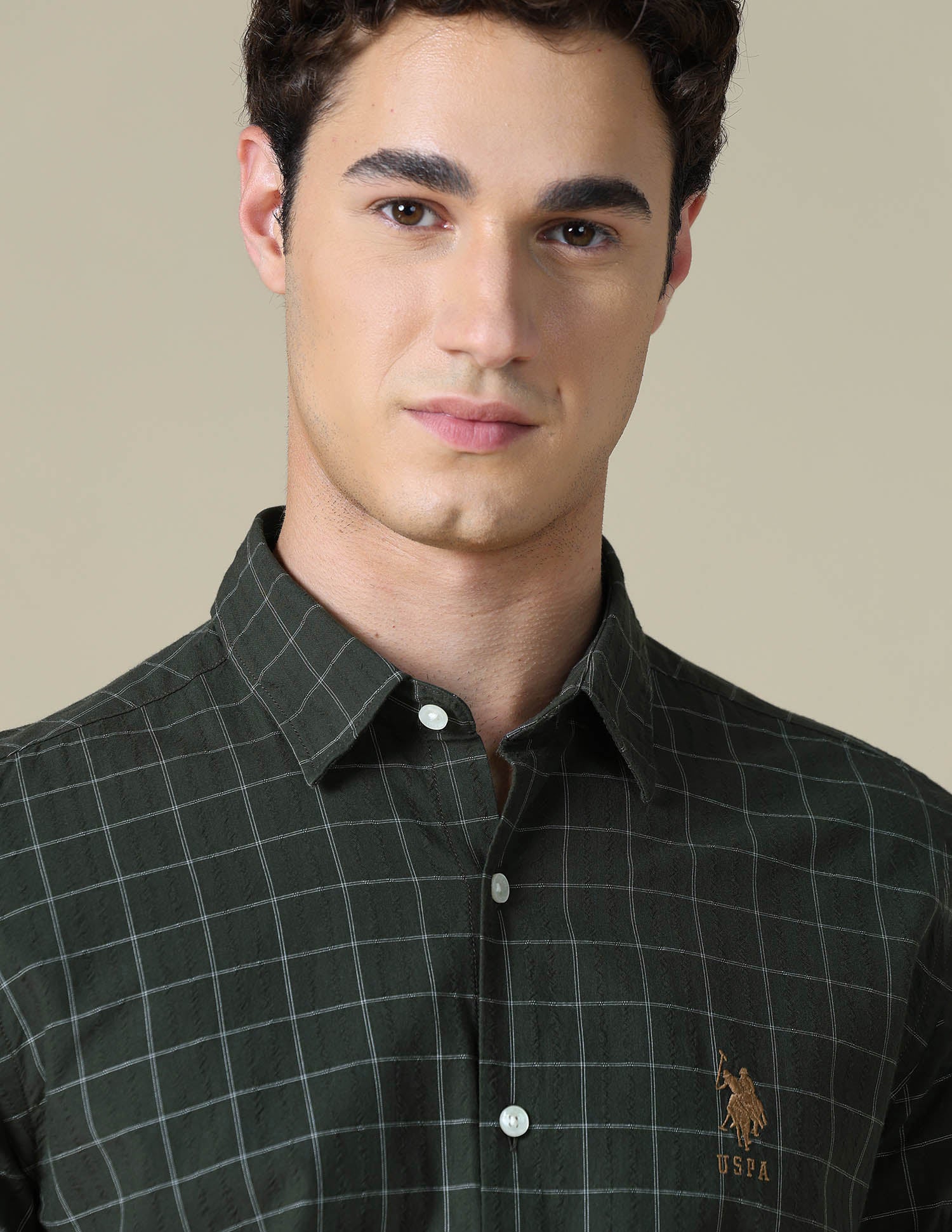 Graph Checked Seersucker Shirt Dark Olive - U.S. Polo Assn. India | Large
