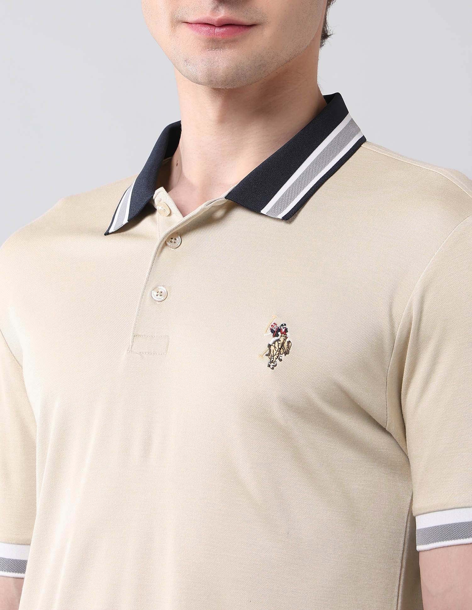 Solid Pure Cotton Muscle Fit Shirt Beige - U.S. Polo Assn. India | Large