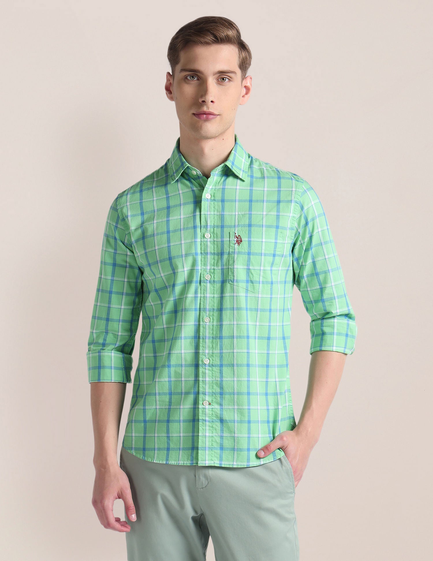 Dobby Tailored Fit Shirt Green - U.S. Polo Assn. India | Large