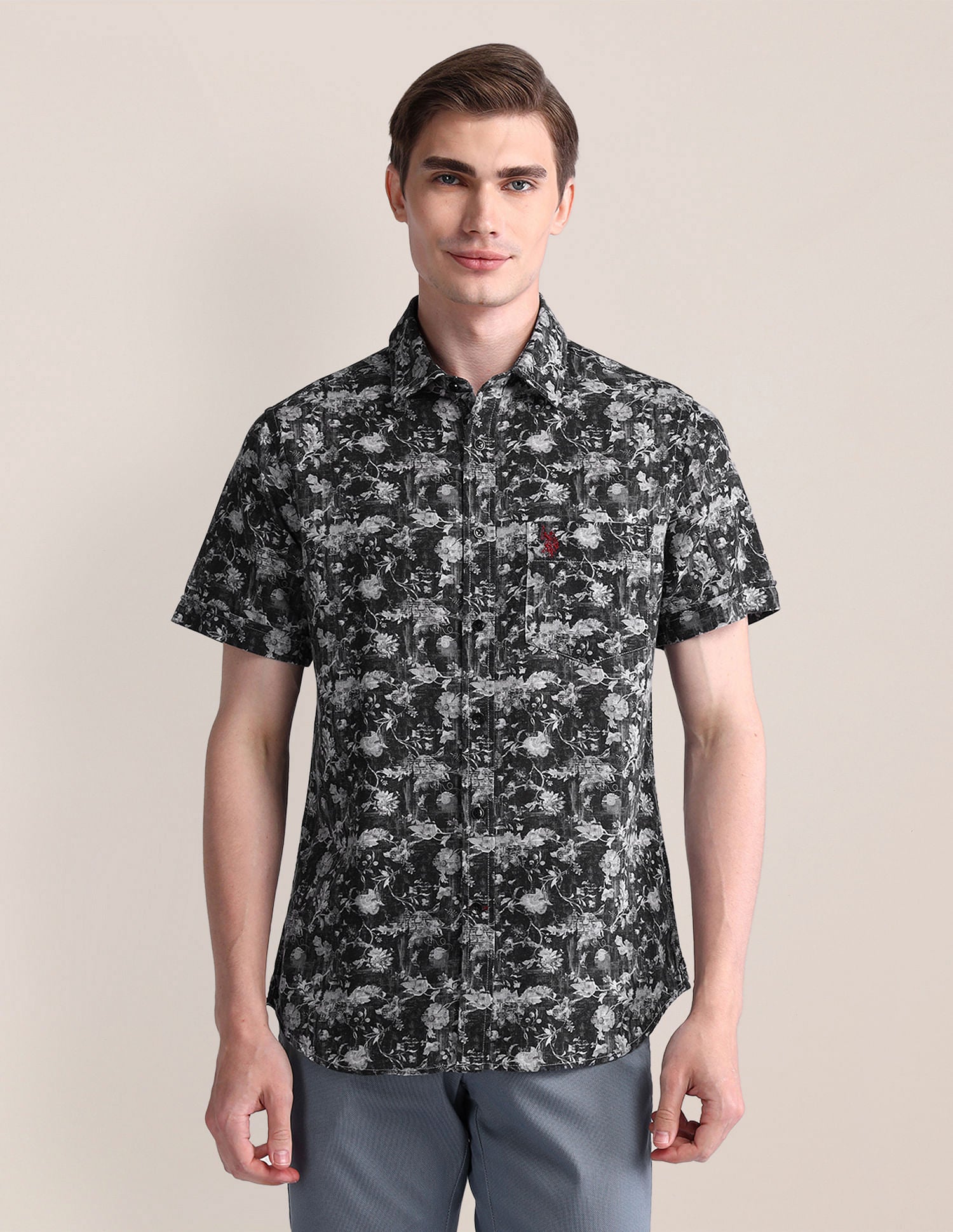 Tailored Fit Floral Shirt Charcoal-Grey - U.S. Polo Assn. India | Large