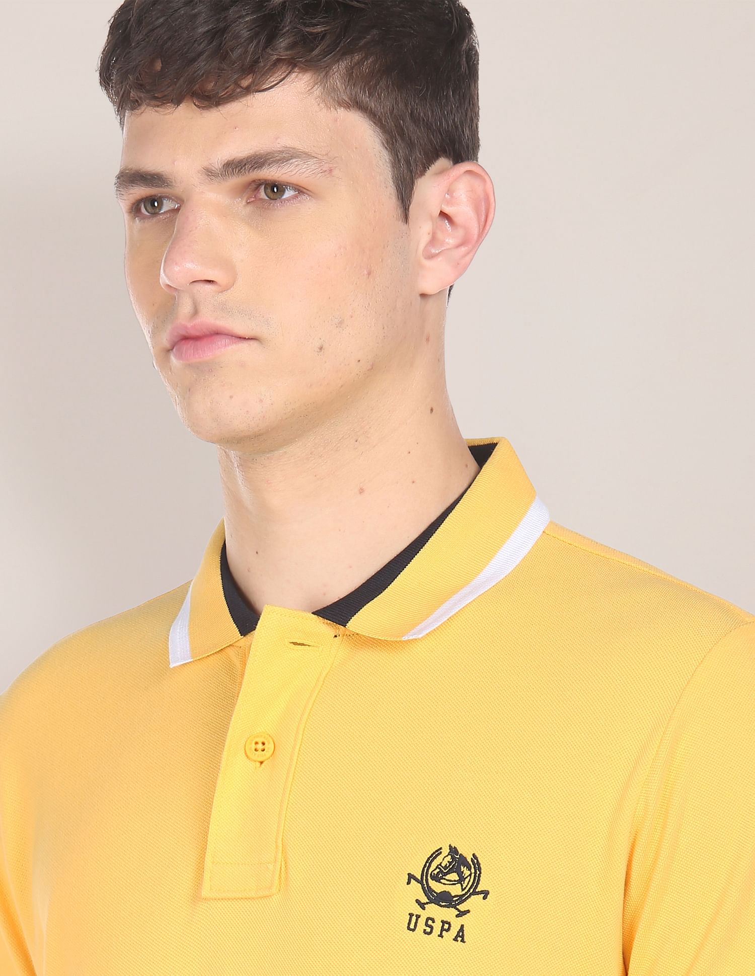 Men Yellow Cotton Solid Polo Shirt Yellow - U.S. Polo Assn. India | Large