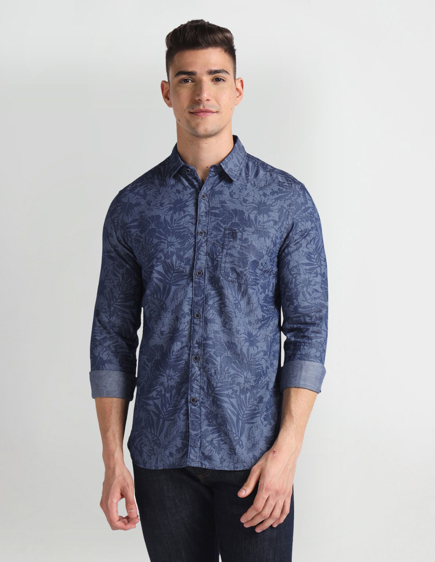 Floral Print Chambray Shirt Blue - U.S. Polo Assn. India | Large