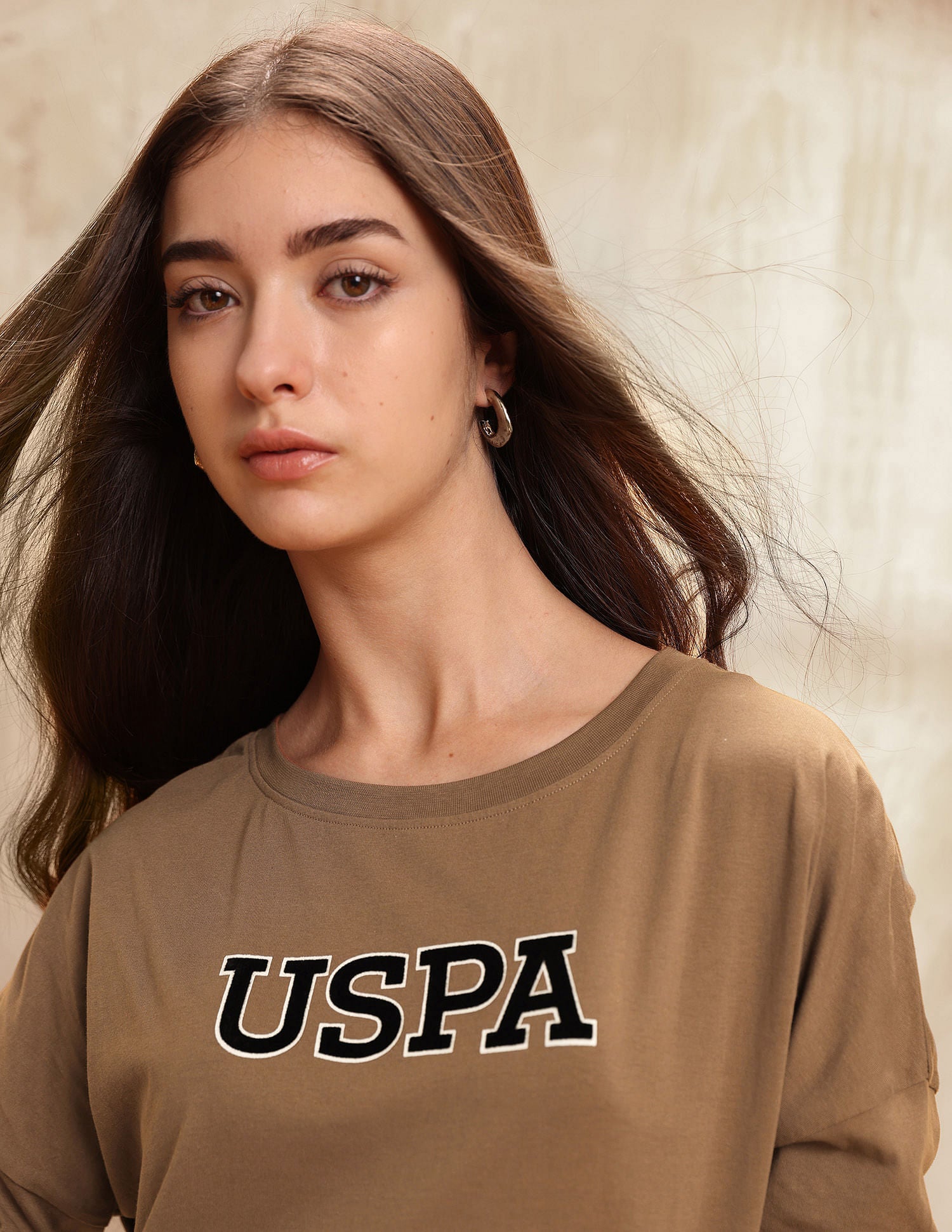 Crew Neck Drop Shoulder Full Sleeves Tshirt With Flock Print Brown - U.S. POLO ASSN. | Large