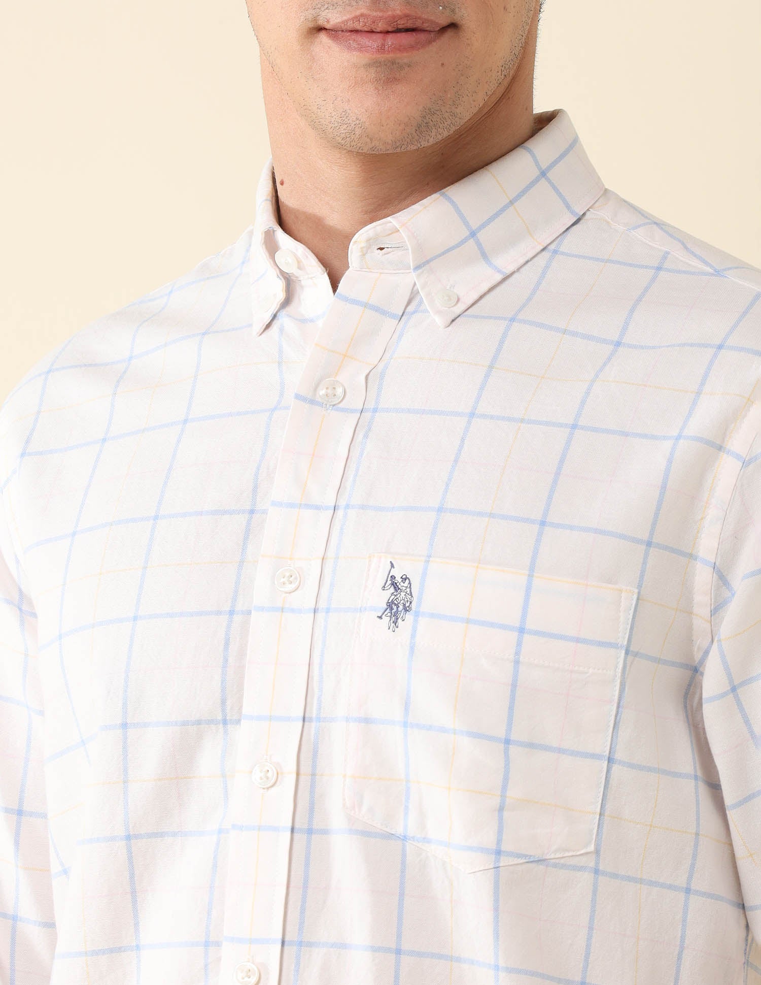 Windowpane Checked Twill Shirt Ecru - U.S. Polo Assn. India | Large