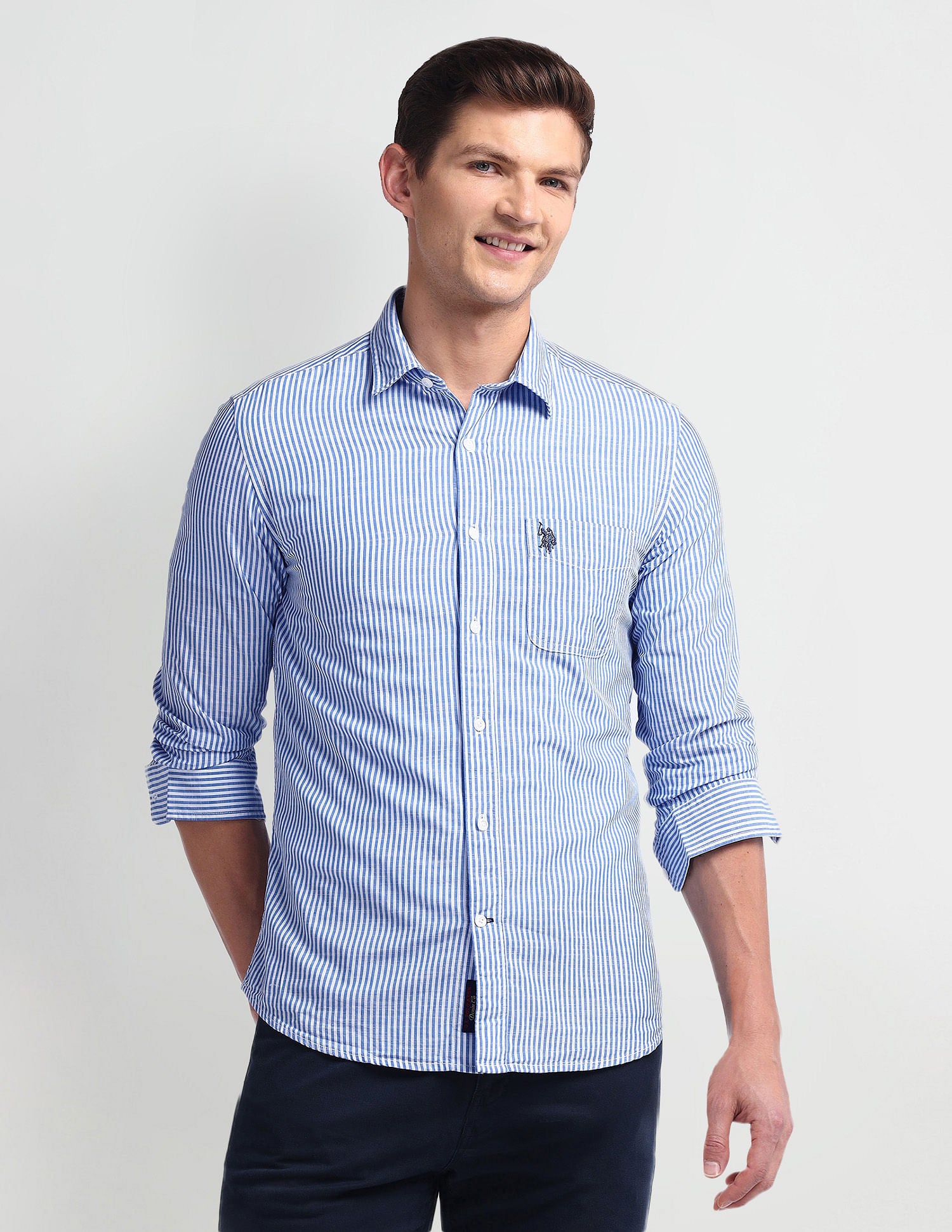 Vertical Stripe Slim Fit Shirt Blue - U.S. Polo Assn. India | Large