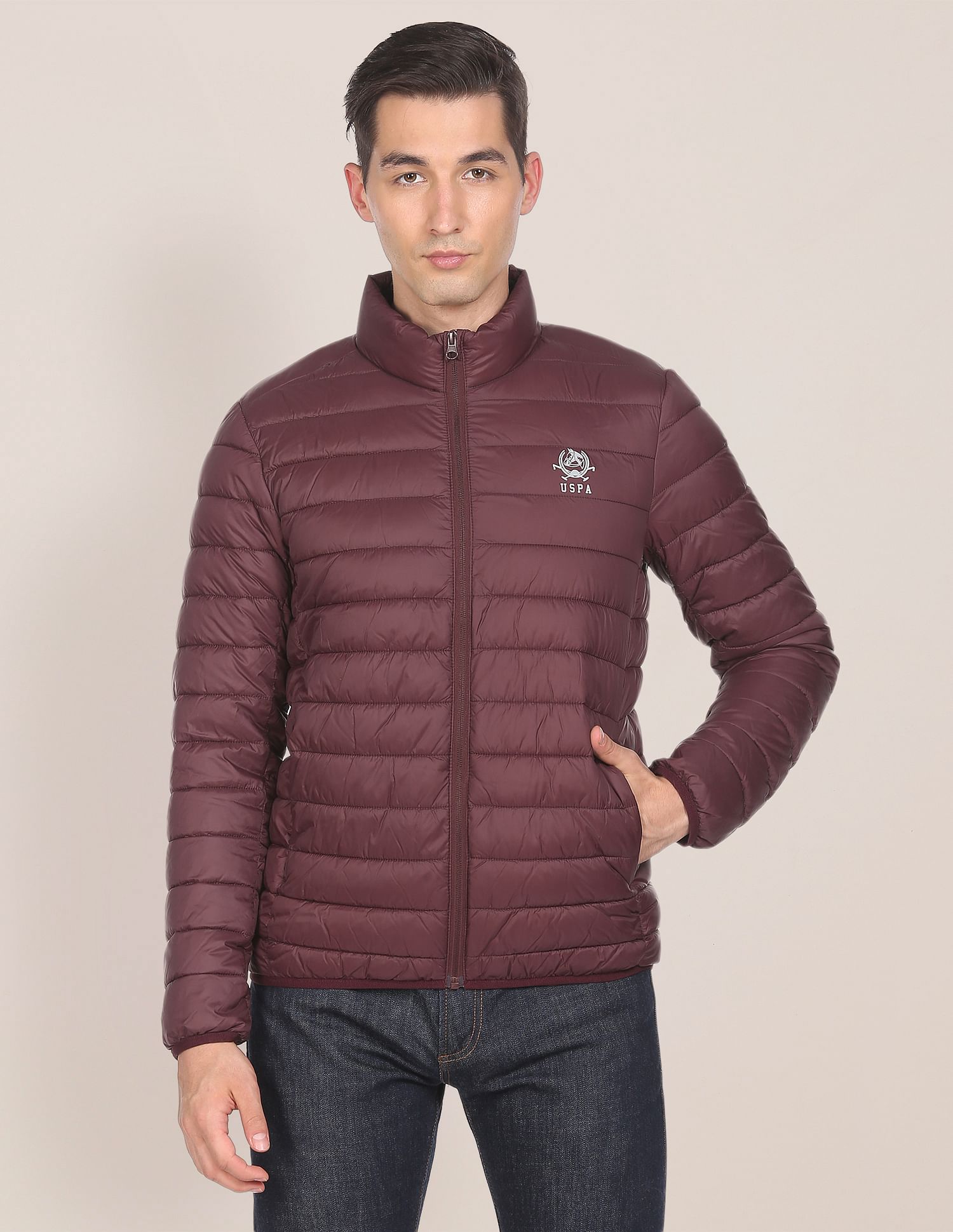 High Neck Nylon Solid Puffer Jacket Maroon - U.S. POLO ASSN. | Large