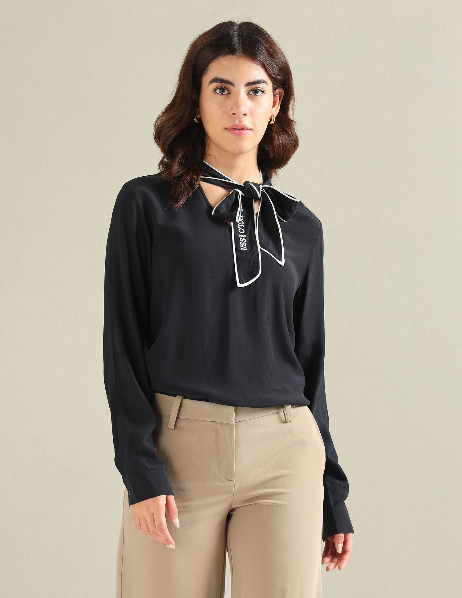 Bow Collar Long Sleeve Top Black - U.S. POLO ASSN. | Large