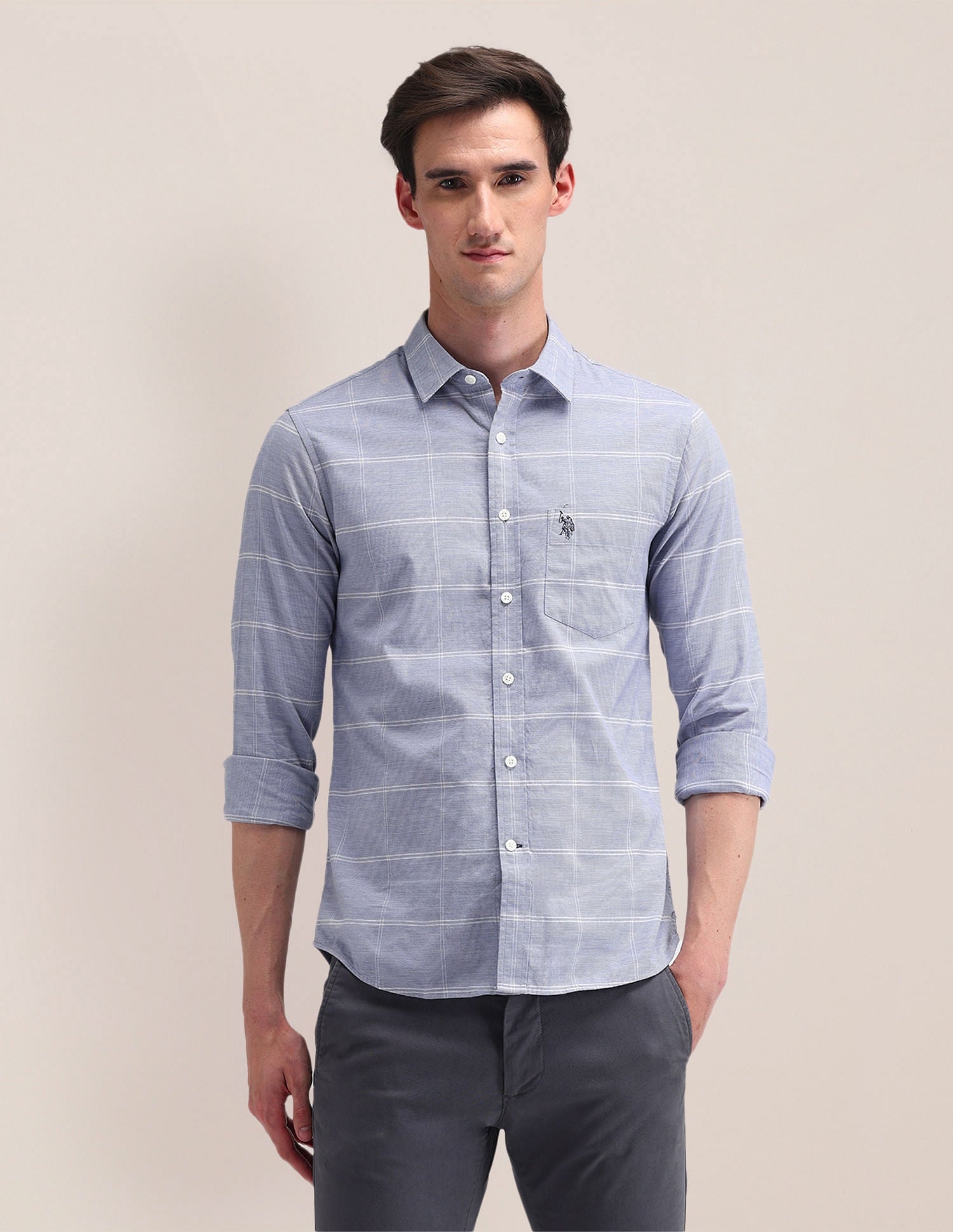 Tailored Fit Checked Shirt Blue - U.S. Polo Assn. India | Large