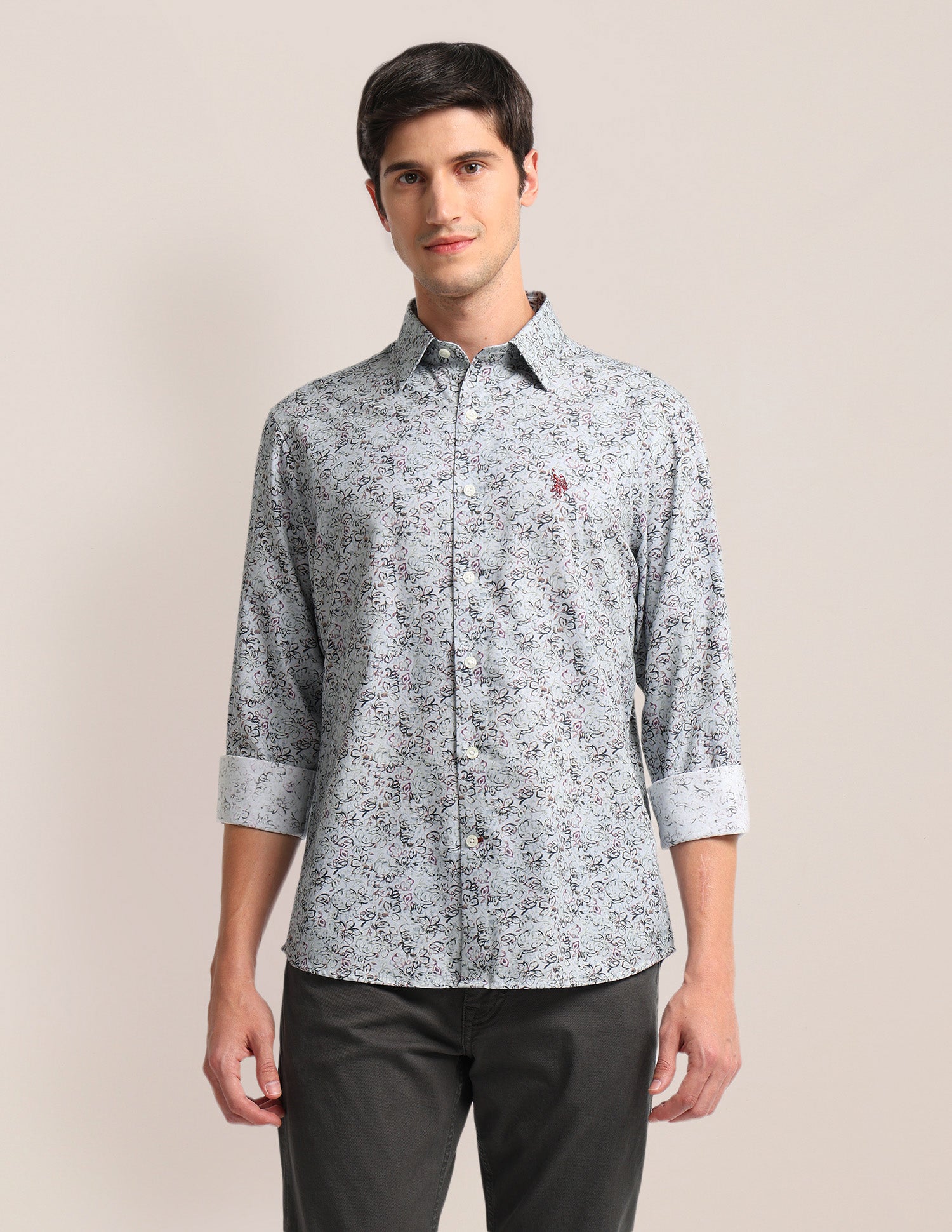 Floral Print Twill Shirt Light Grey - U.S. Polo Assn. India | Large