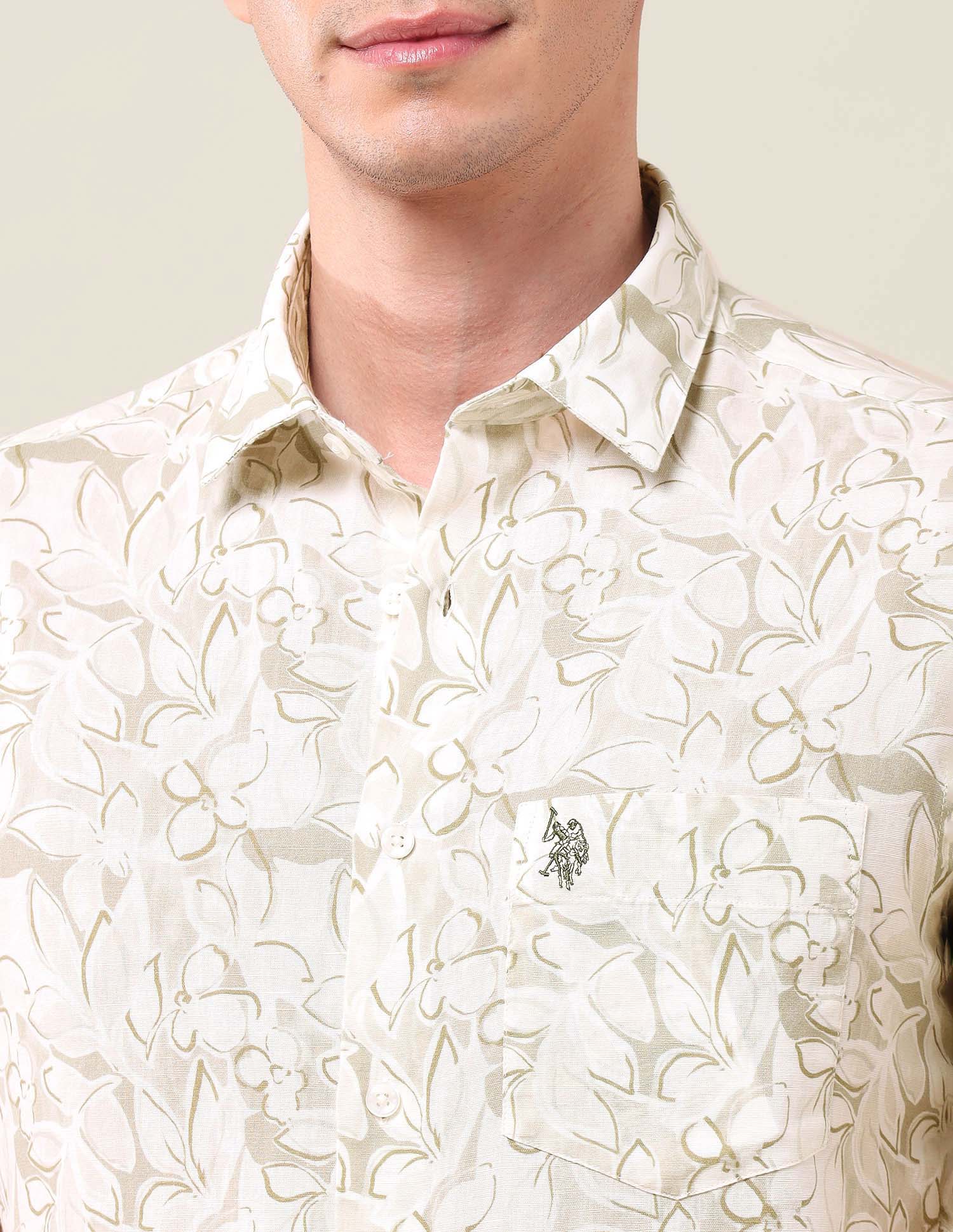 Floral Printed Tailored Fit Shirt Light Olive - U.S. Polo Assn. India | Large