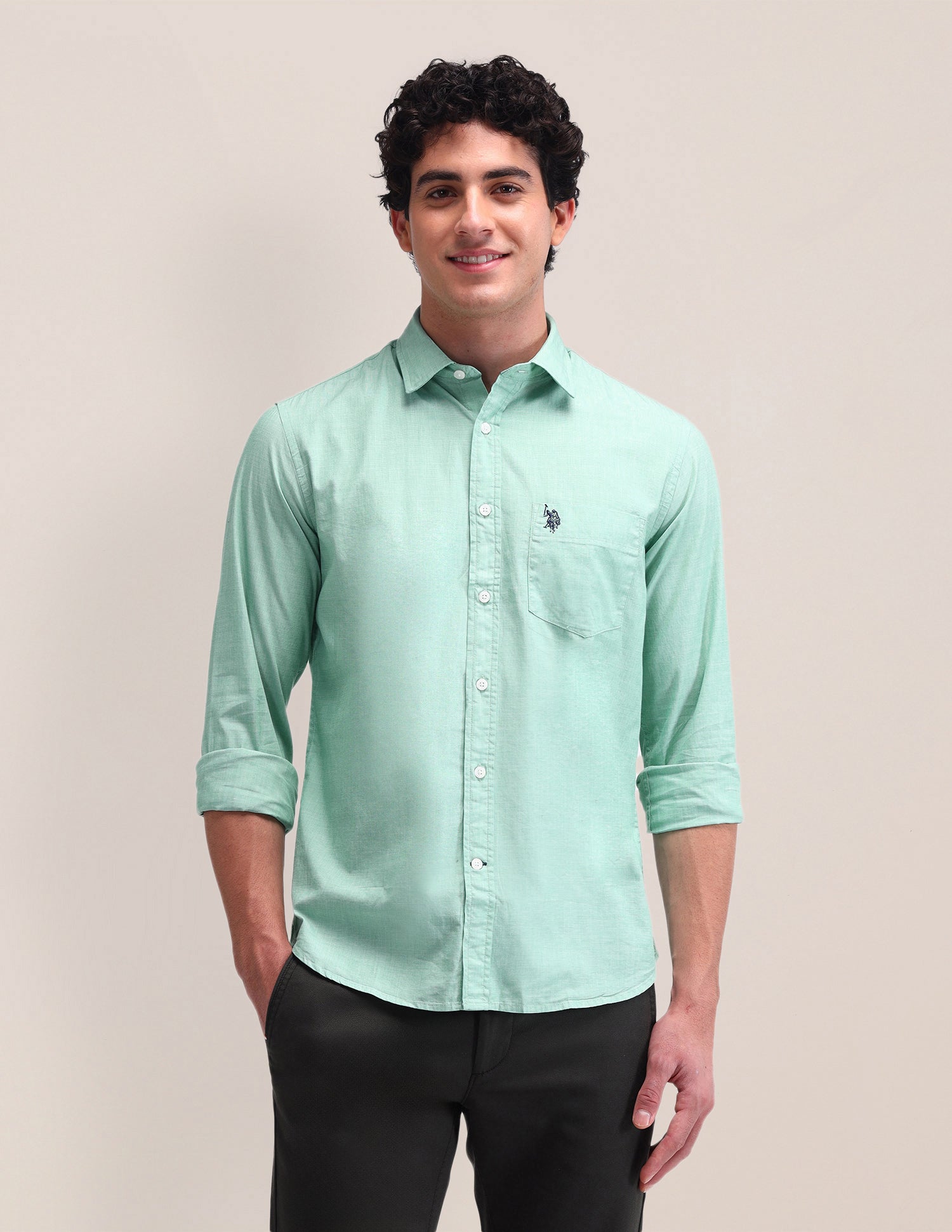 Textured Pattern Poplin Shirt Green - U.S. Polo Assn. India | Large
