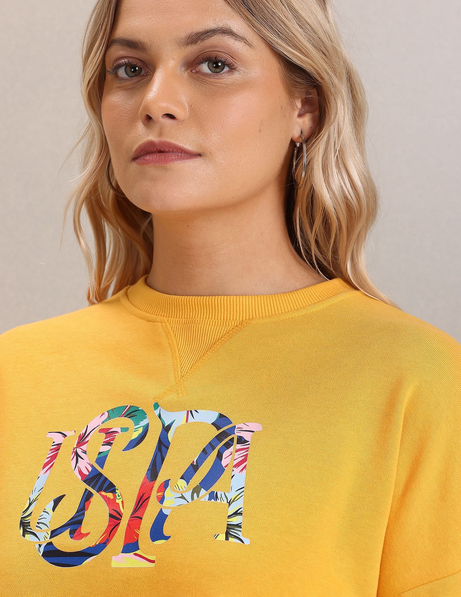 Crew Neck Brand Print Cropped Sweatshirt Mustard - U.S. Polo Assn. India | Large