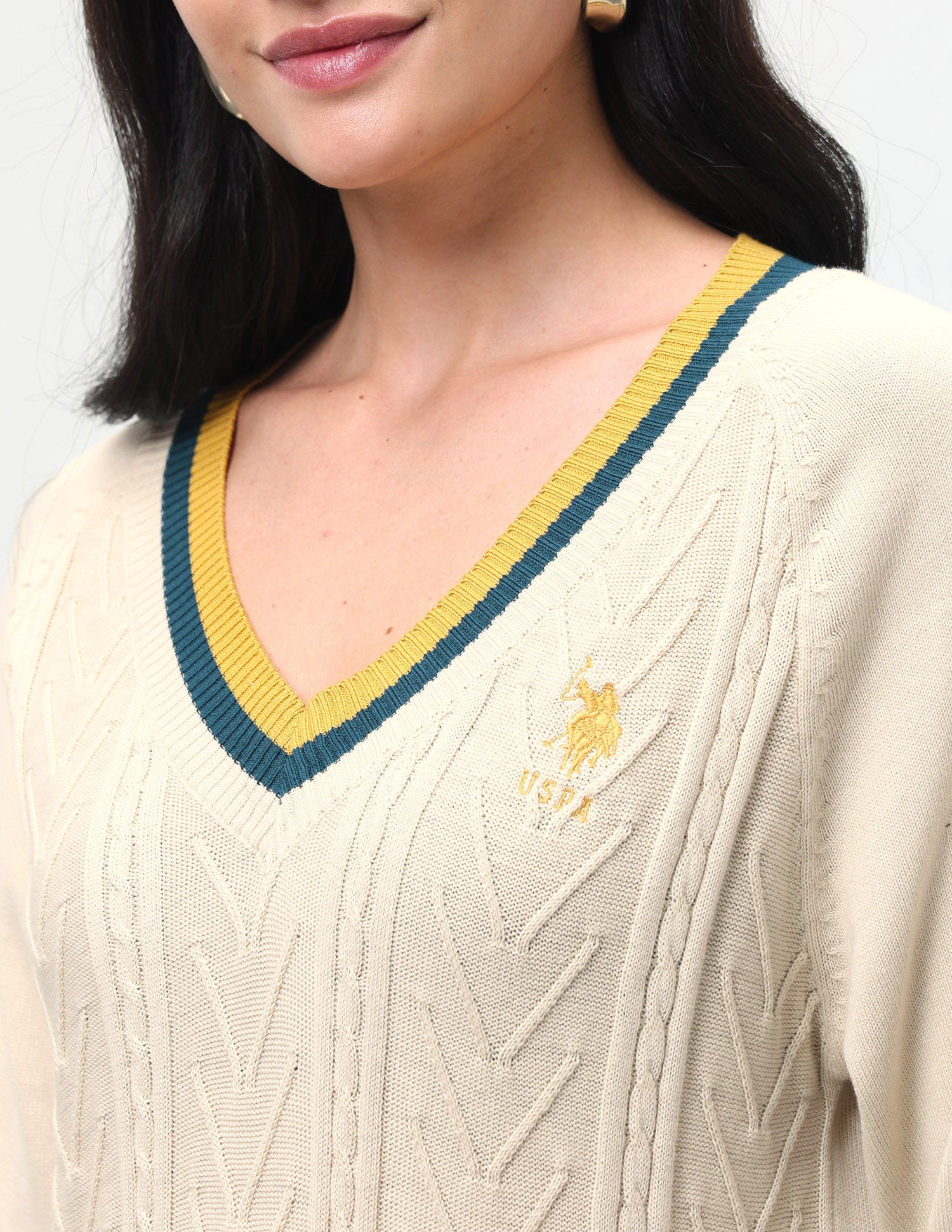 Cable Patterned Knit Regular Fit Sweater Ecru - U.S. Polo Assn. India | Large