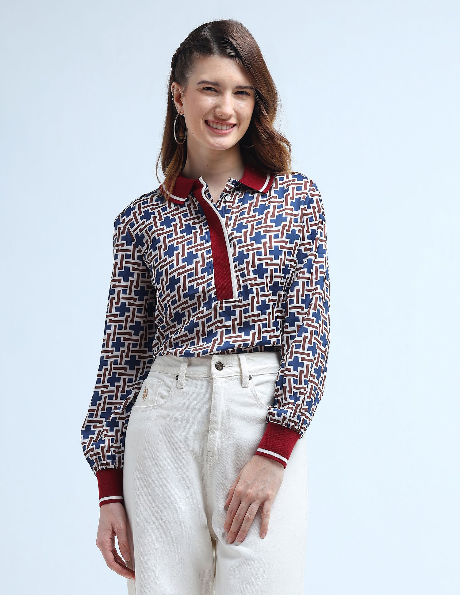 Polo Collar Geometric Printed Top Multicolour - U.S. Polo Assn. India | Large