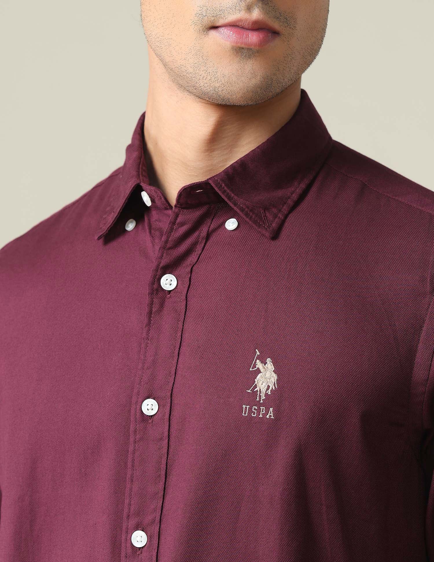 Button Down Collar Cotton Shirt Maroon - U.S. POLO ASSN. | Large