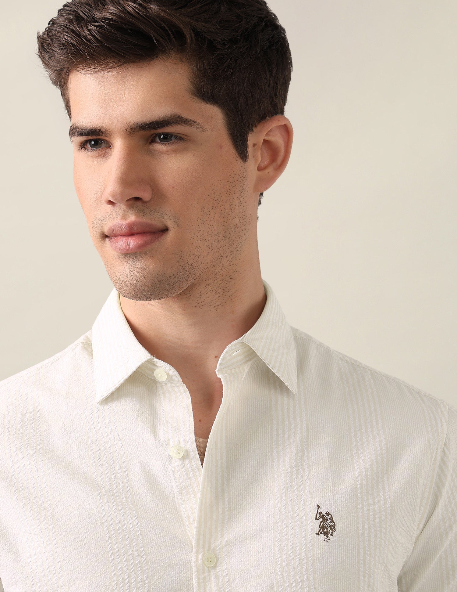 Vertical Striped Seersucker Shirt Beige - U.S. Polo Assn. India | Large