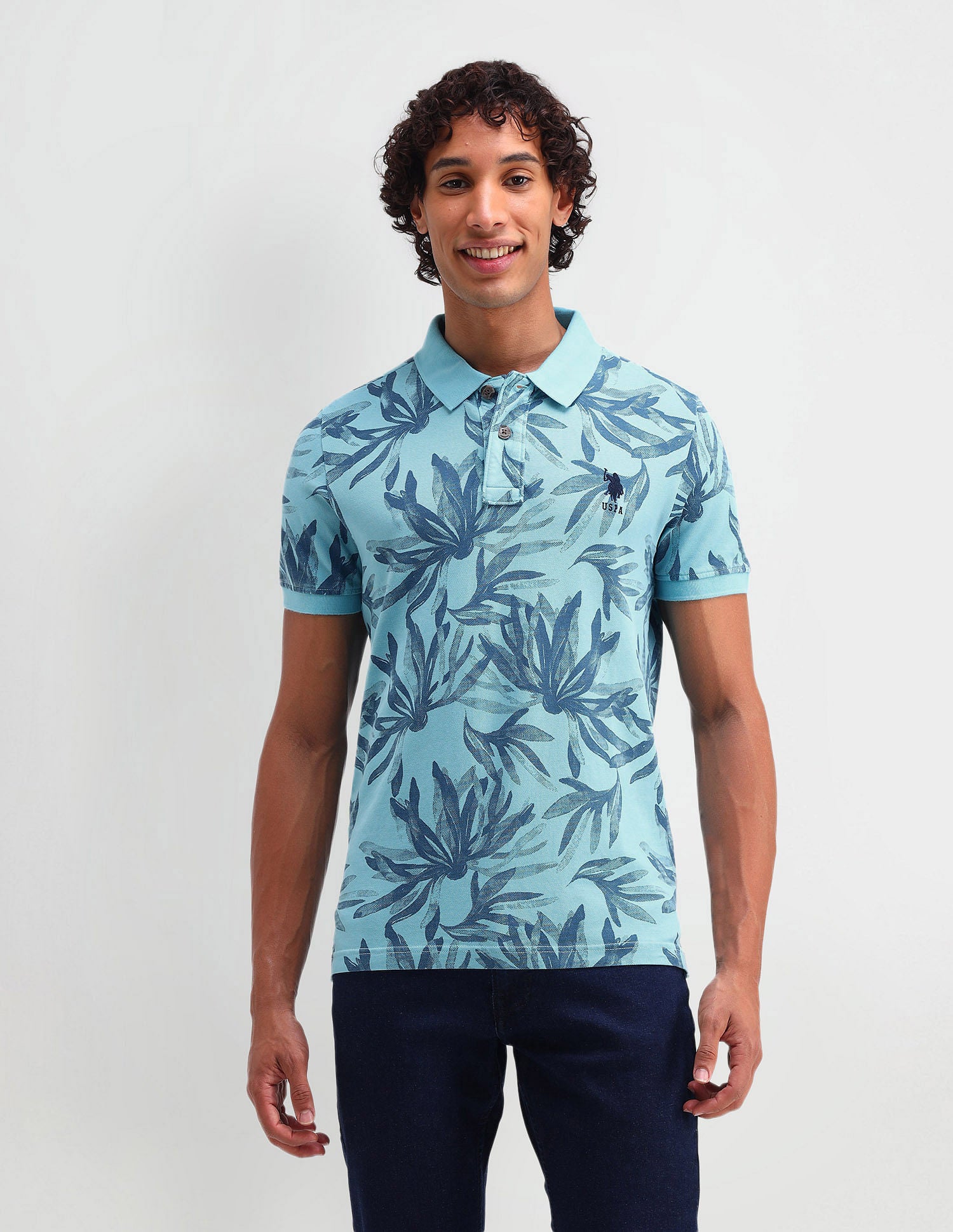 Floral Print Cotton Polo Shirt Blue - U.S. Polo Assn. India | Large