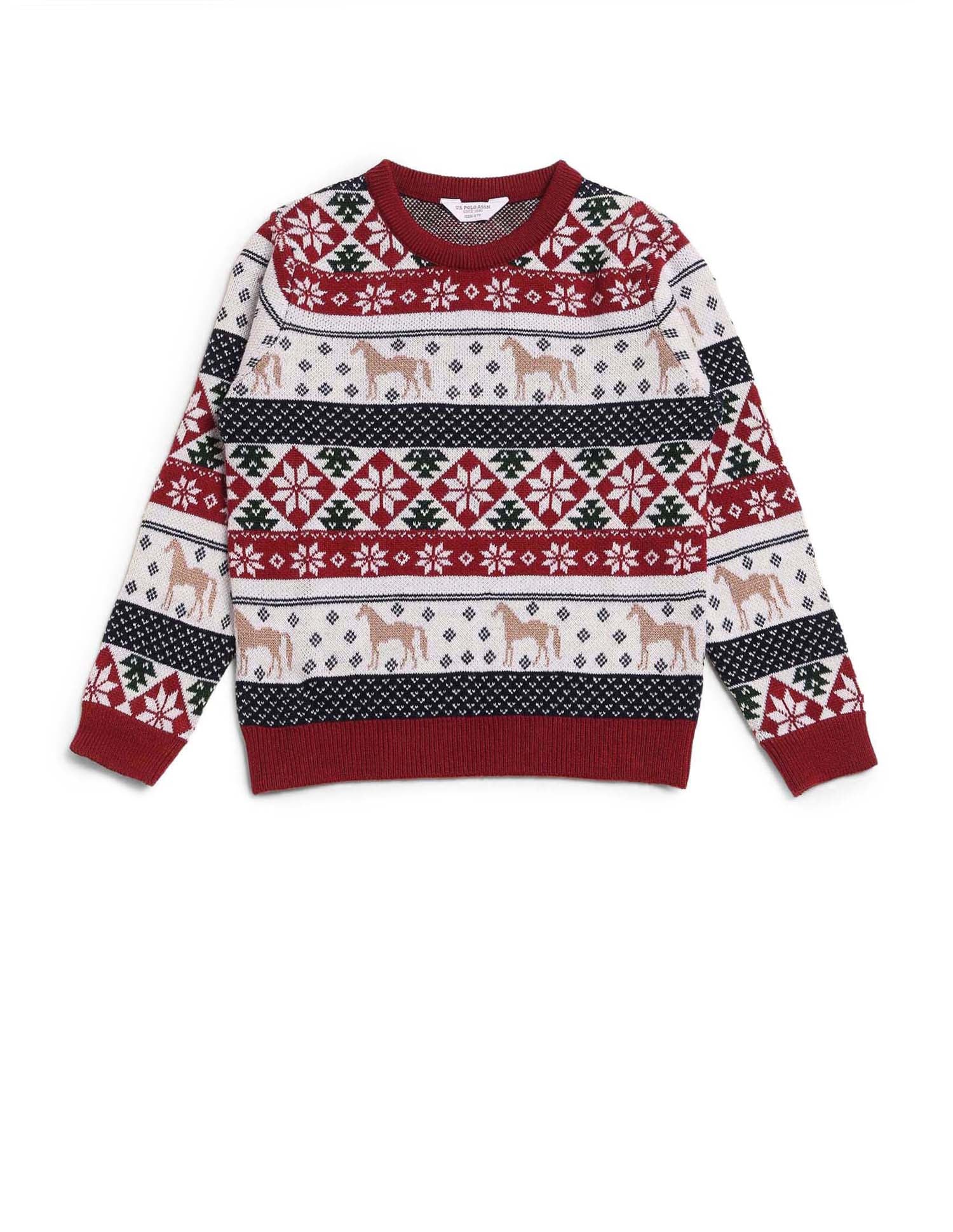 Boys All Over Printed Regular Fit Sweater Dark Red - U.S. Polo Assn. India | Large