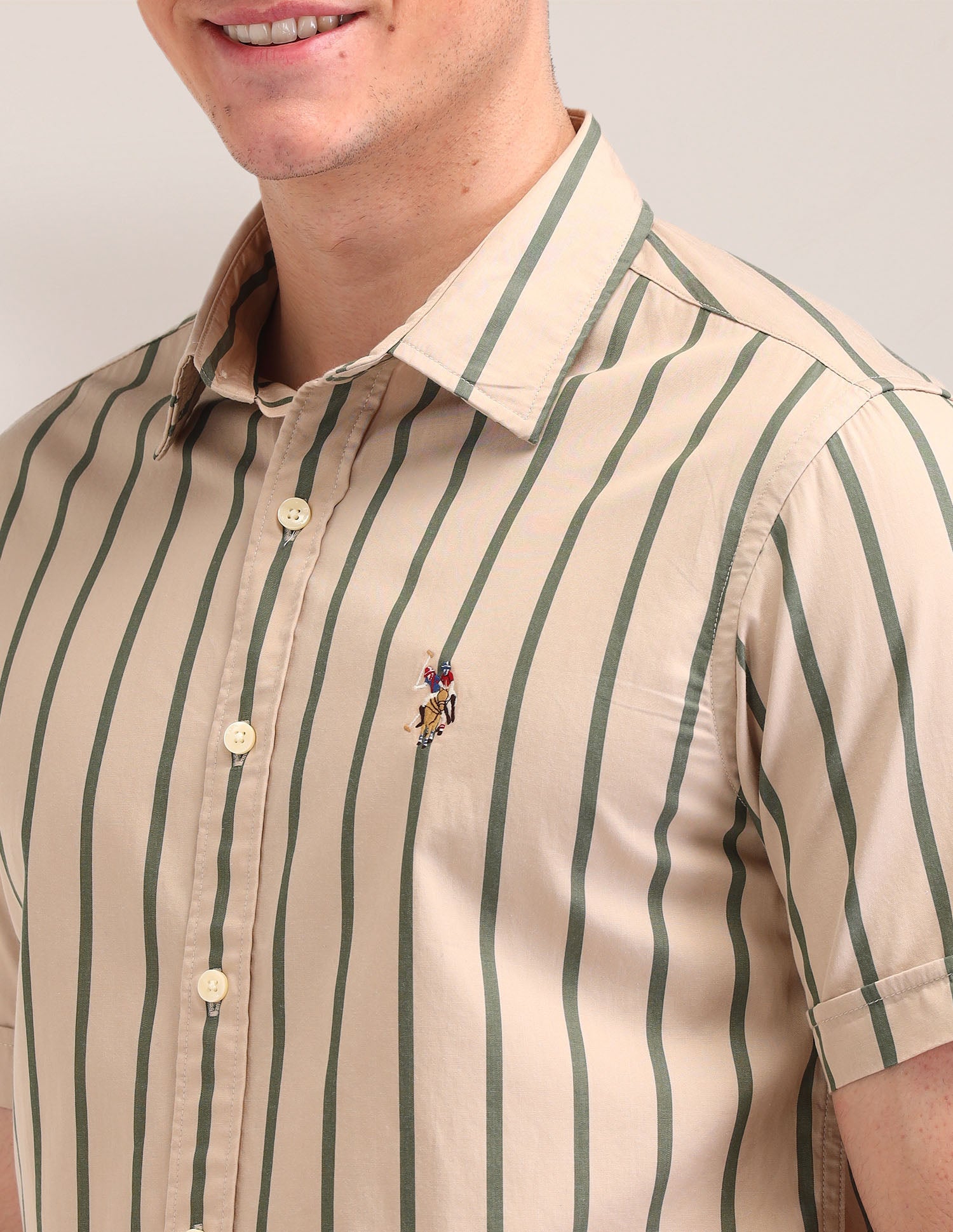 Vertical Striped Tailored Fit Shirt Beige - U.S. Polo Assn. India | Large