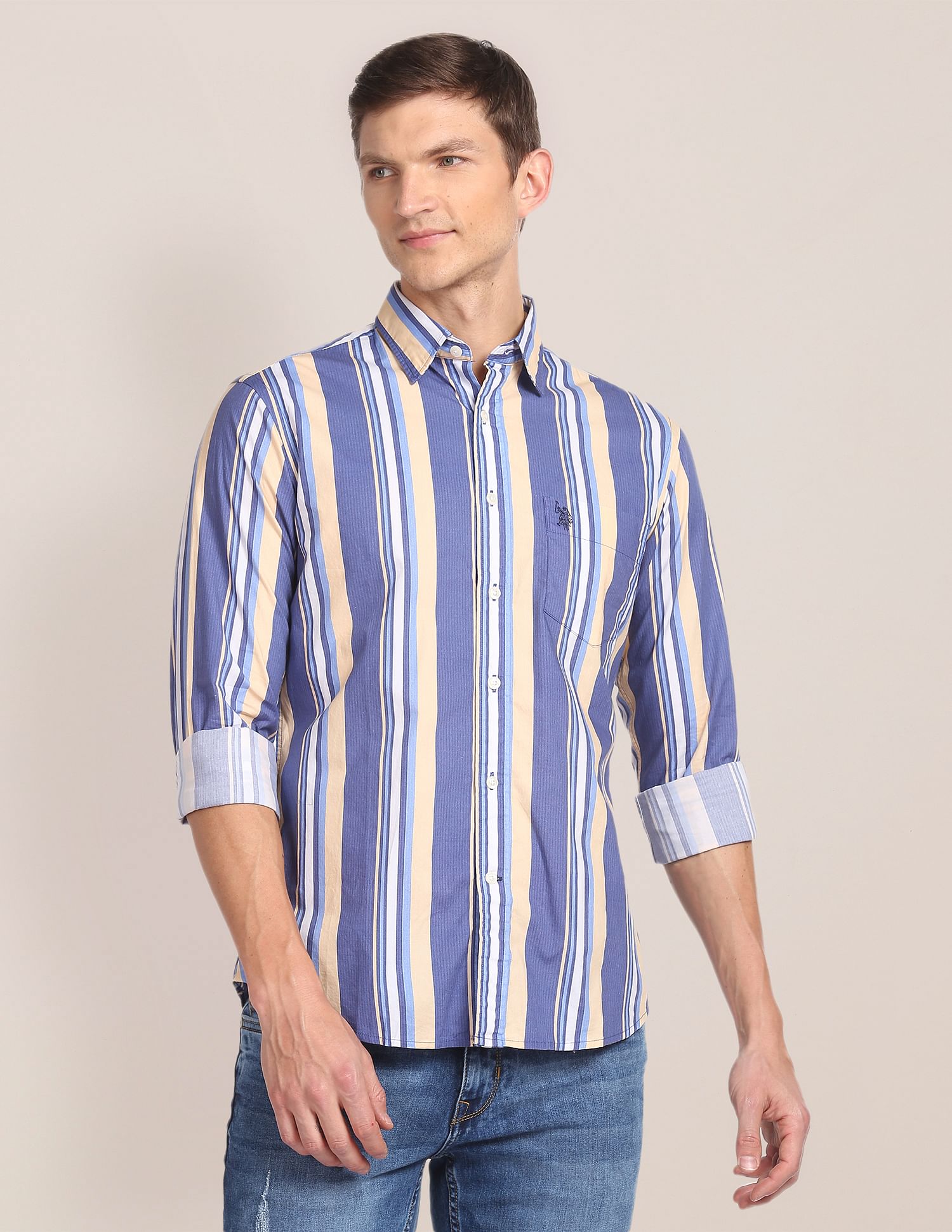 Spread Collar Striped Casual Shirt Blue - U.S. Polo Assn. India | Large