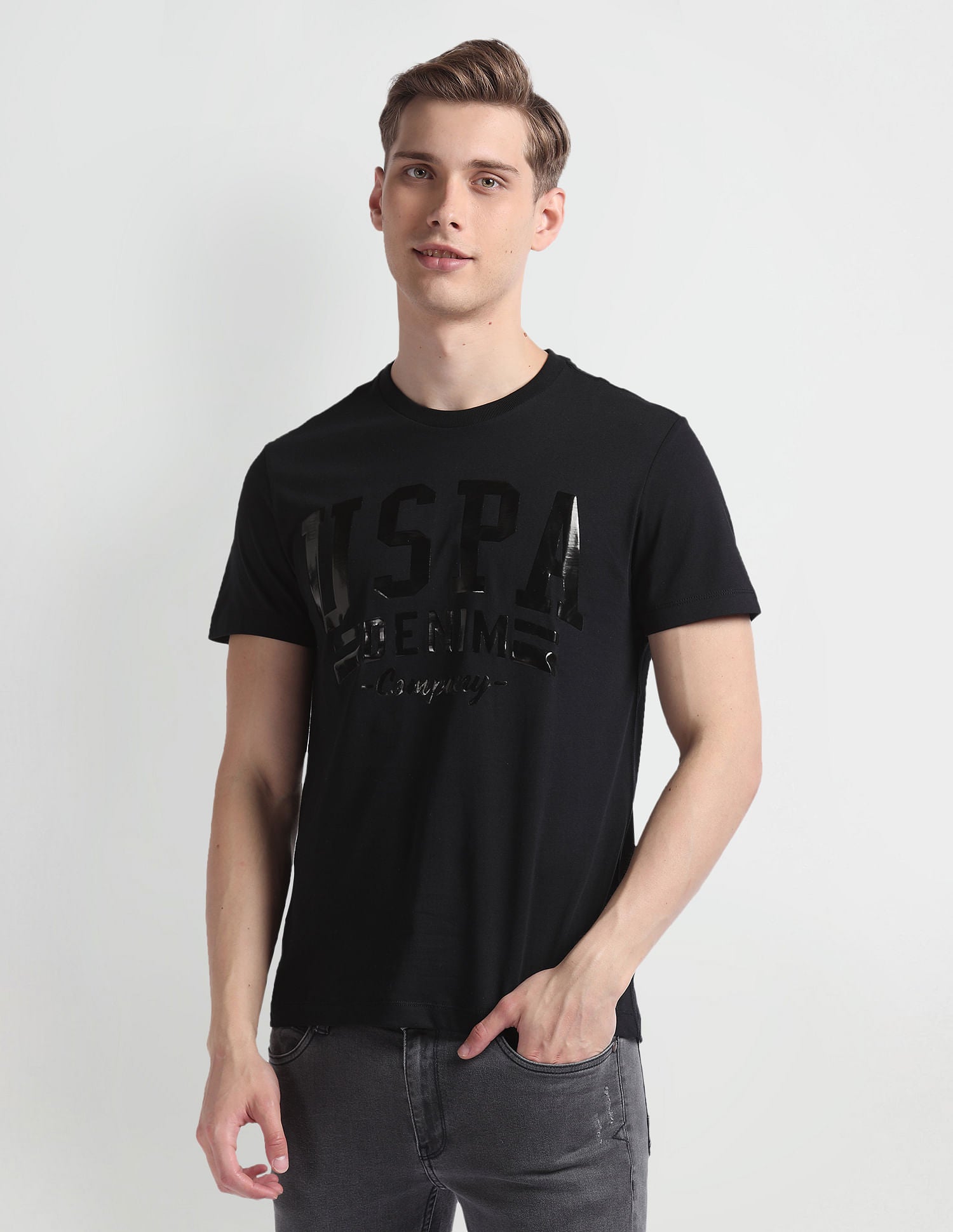 Brand Print Cotton T-Shirt Black - U.S. Polo Assn. India | Large