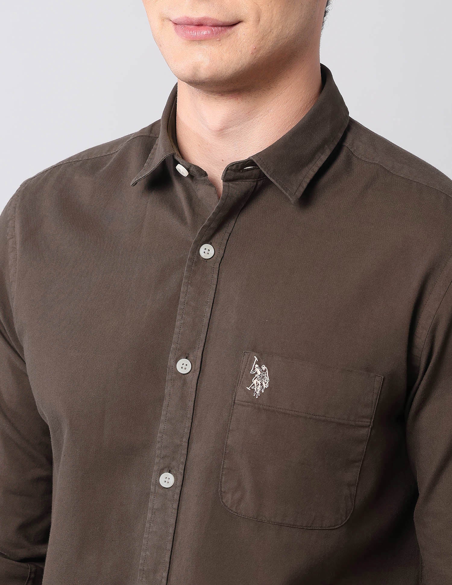Slim Fit Pure Cotton Twill Shirt Brown - U.S. POLO ASSN. | Large