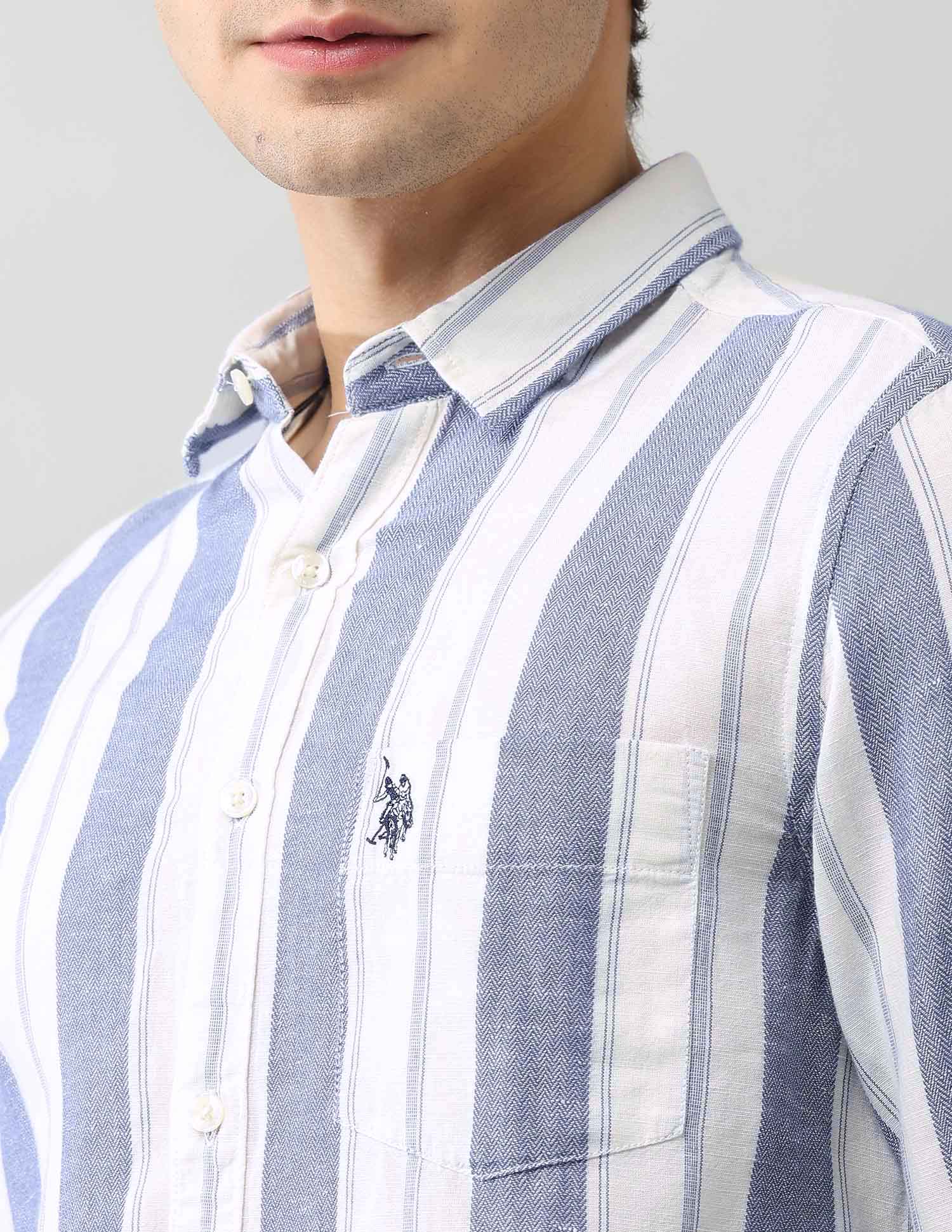 Vertical Striped Regular Fit Dobby Shirt Blue - U.S. Polo Assn. India | Large