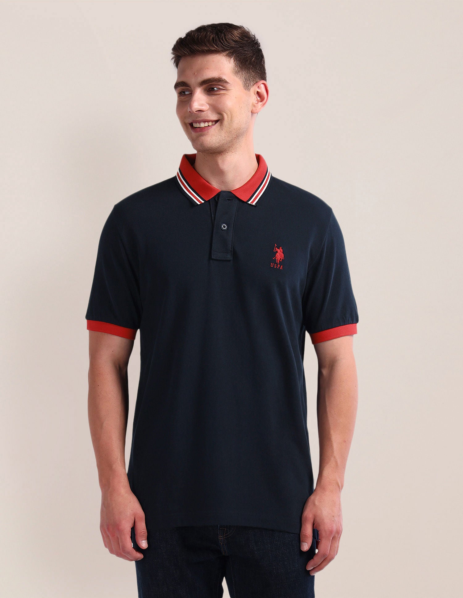 Contrast Collar Slim Polo Shirt Navy - U.S. Polo Assn. India | Large