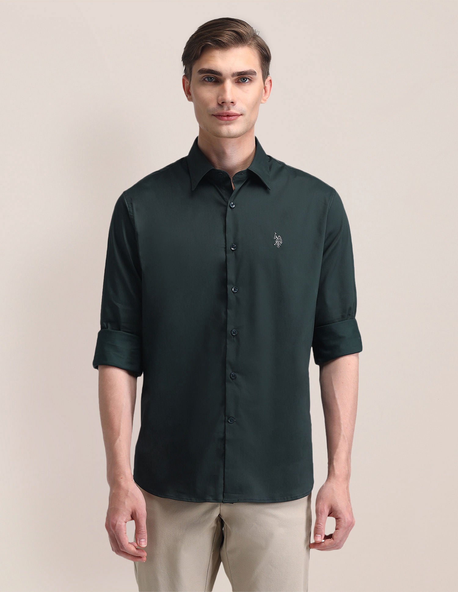 Tailored Fit Solid Twill Shirt Green - U.S. Polo Assn. India | Large
