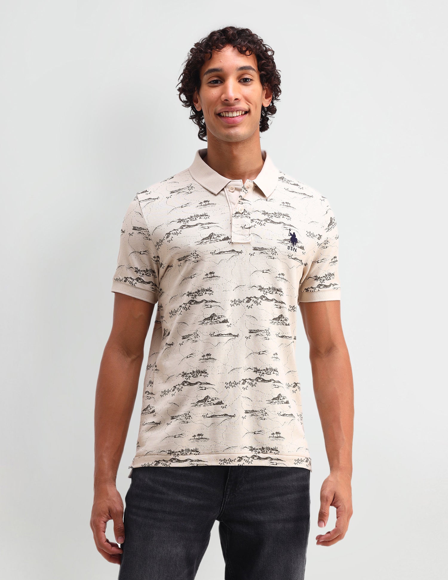 Abstract Cotton Muscle Fit Polo Shirt Beige - U.S. Polo Assn. India | Large