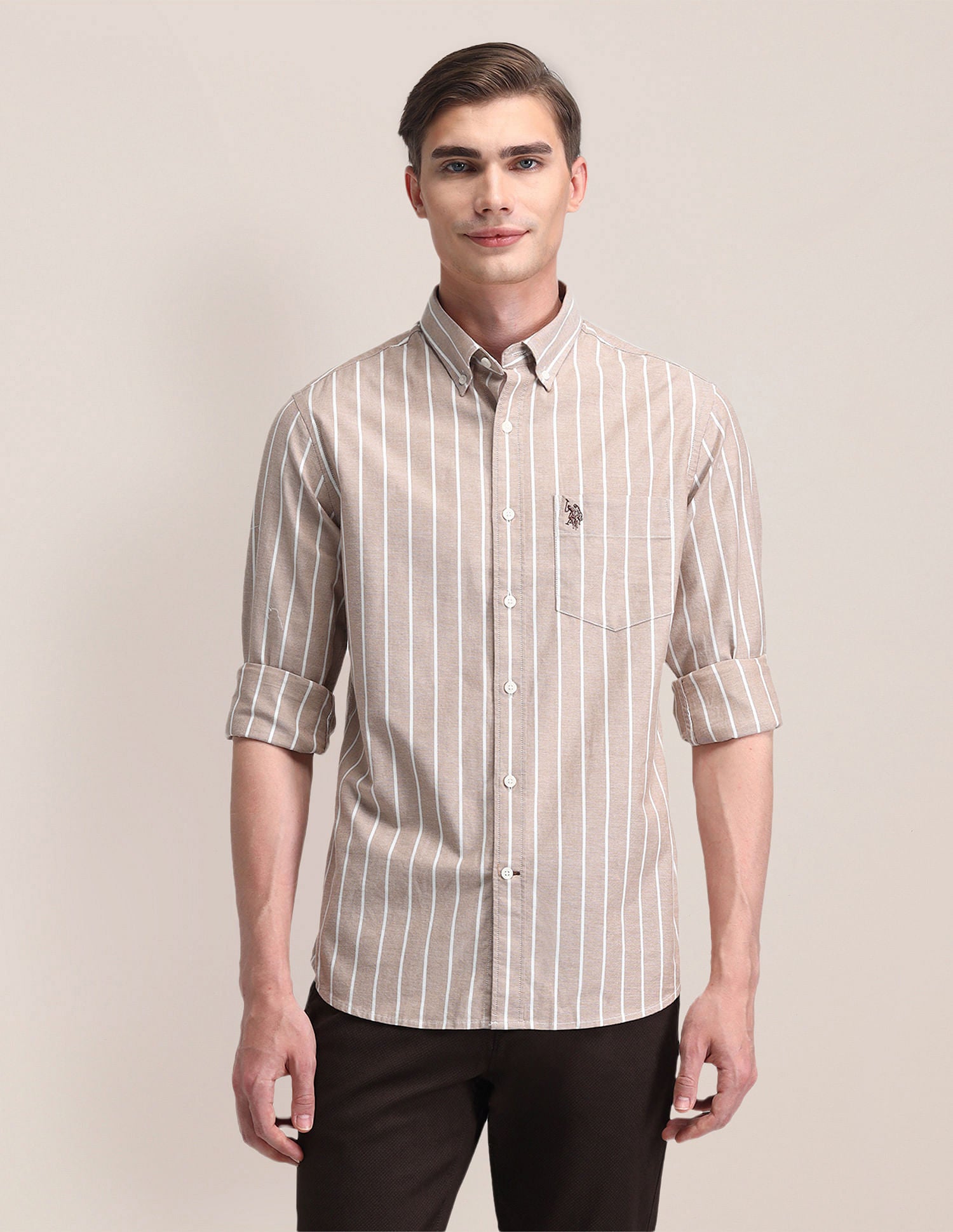 Tailored Fit Cotton Striped Shirt Brown - U.S. POLO ASSN. | Large
