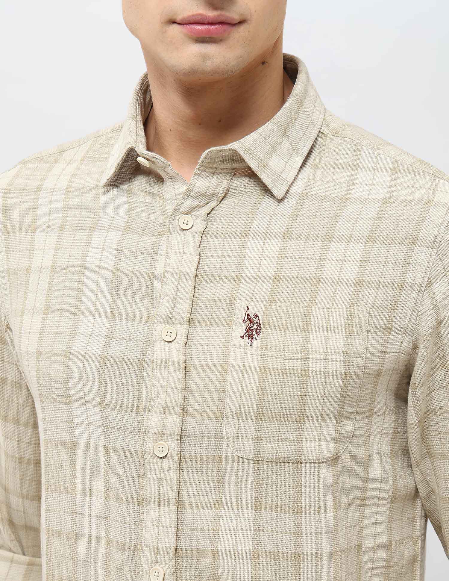 Tartan Checked Dobby Shirt Light Beige - U.S. Polo Assn. India | Large
