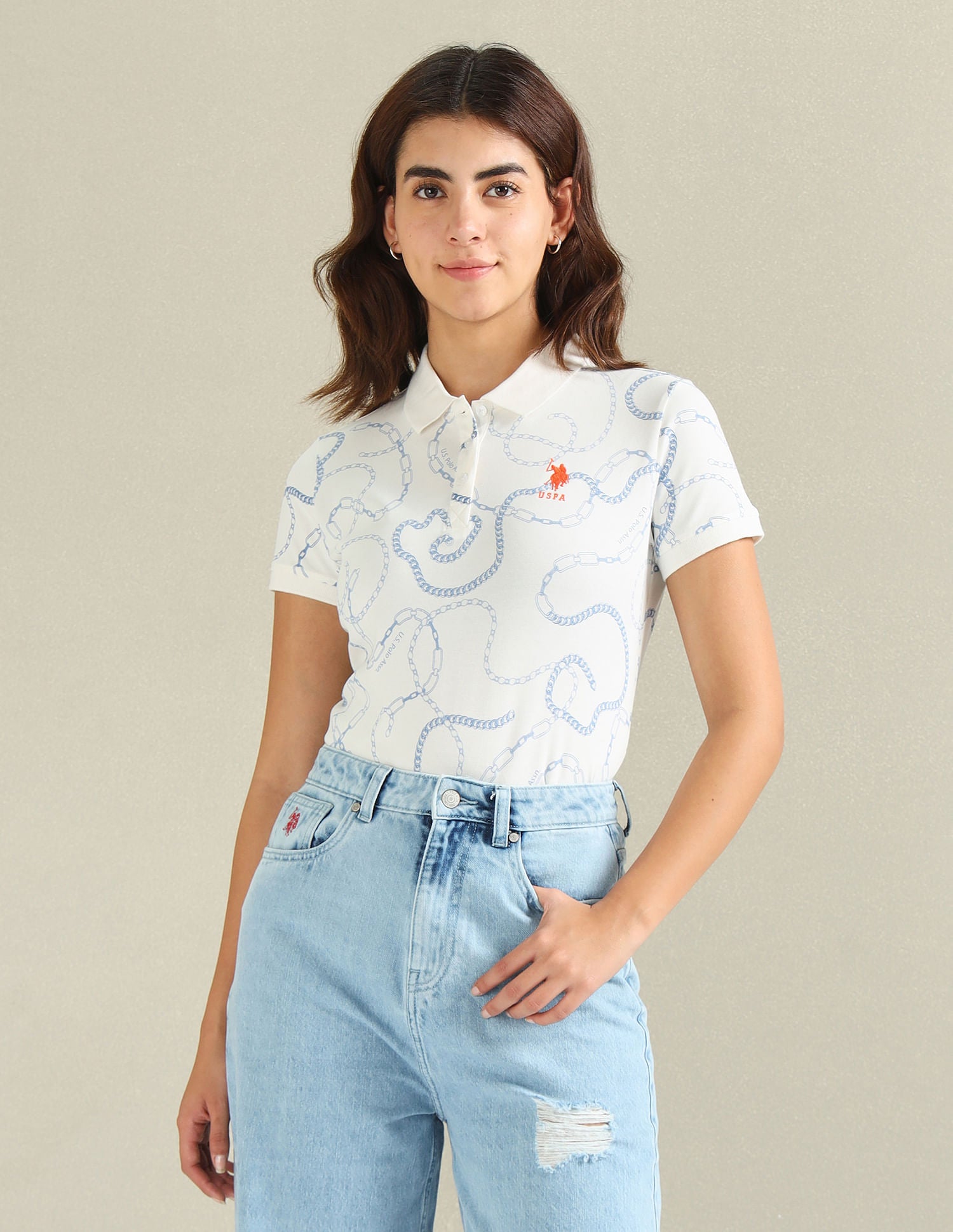 Chain Print Pique Polo Shirt Off-White - U.S. Polo Assn. India | Large