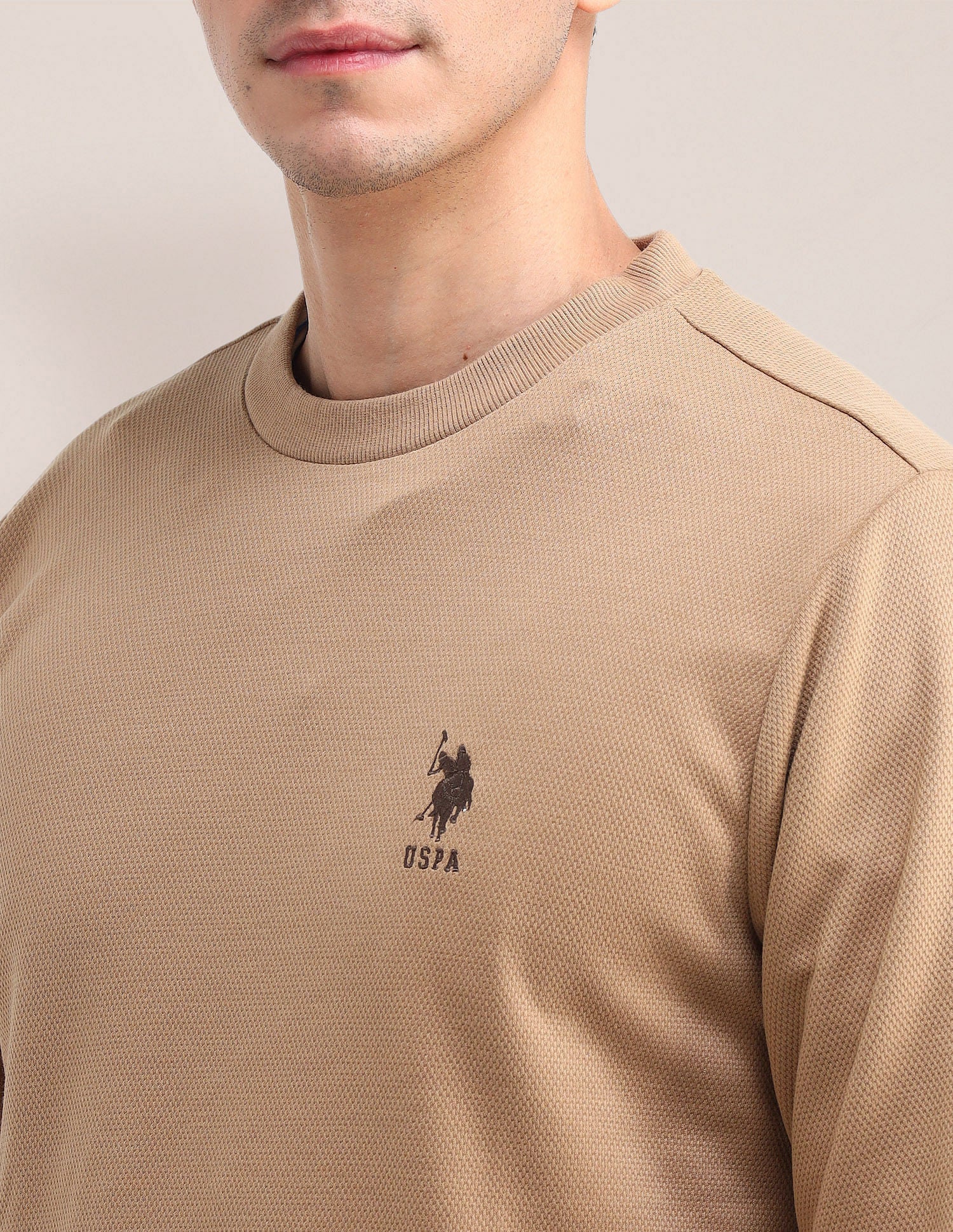 Patterned Knit Regular Fit Sweatshirt Light Brown - U.S. POLO ASSN. | Large