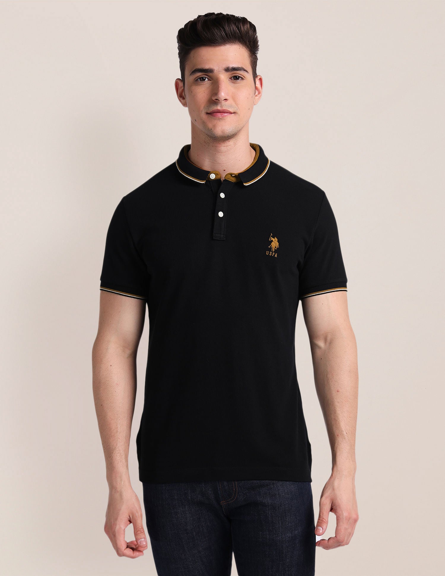 Slim Fit Solid Polo Shirt Black - U.S. Polo Assn. India | Large