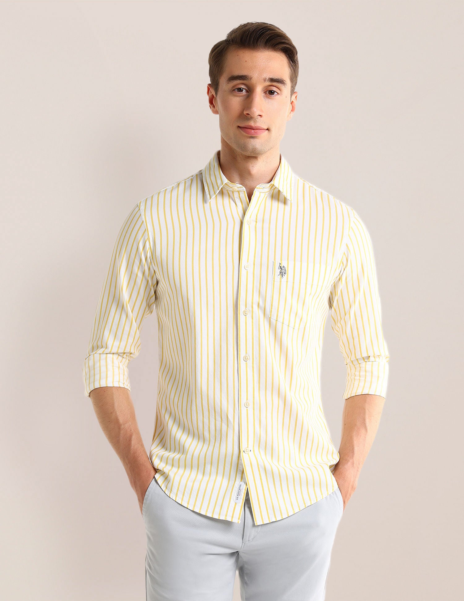 Tailored Fit Vertical Striped Shirt Yellow - U.S. POLO ASSN. | Large