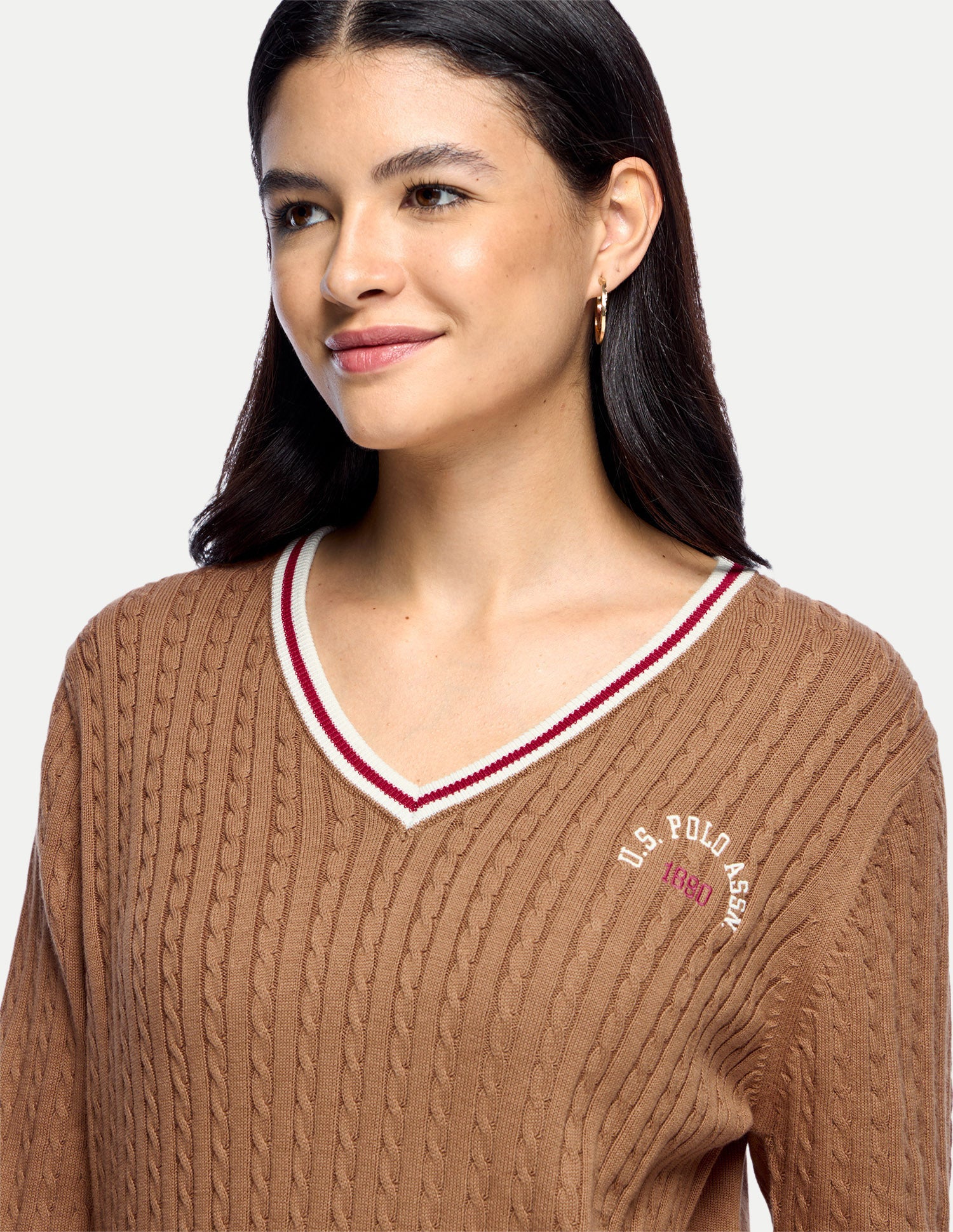 Cable Patterned Knit Regular Fit Sweater Brown - U.S. Polo Assn. India | Large