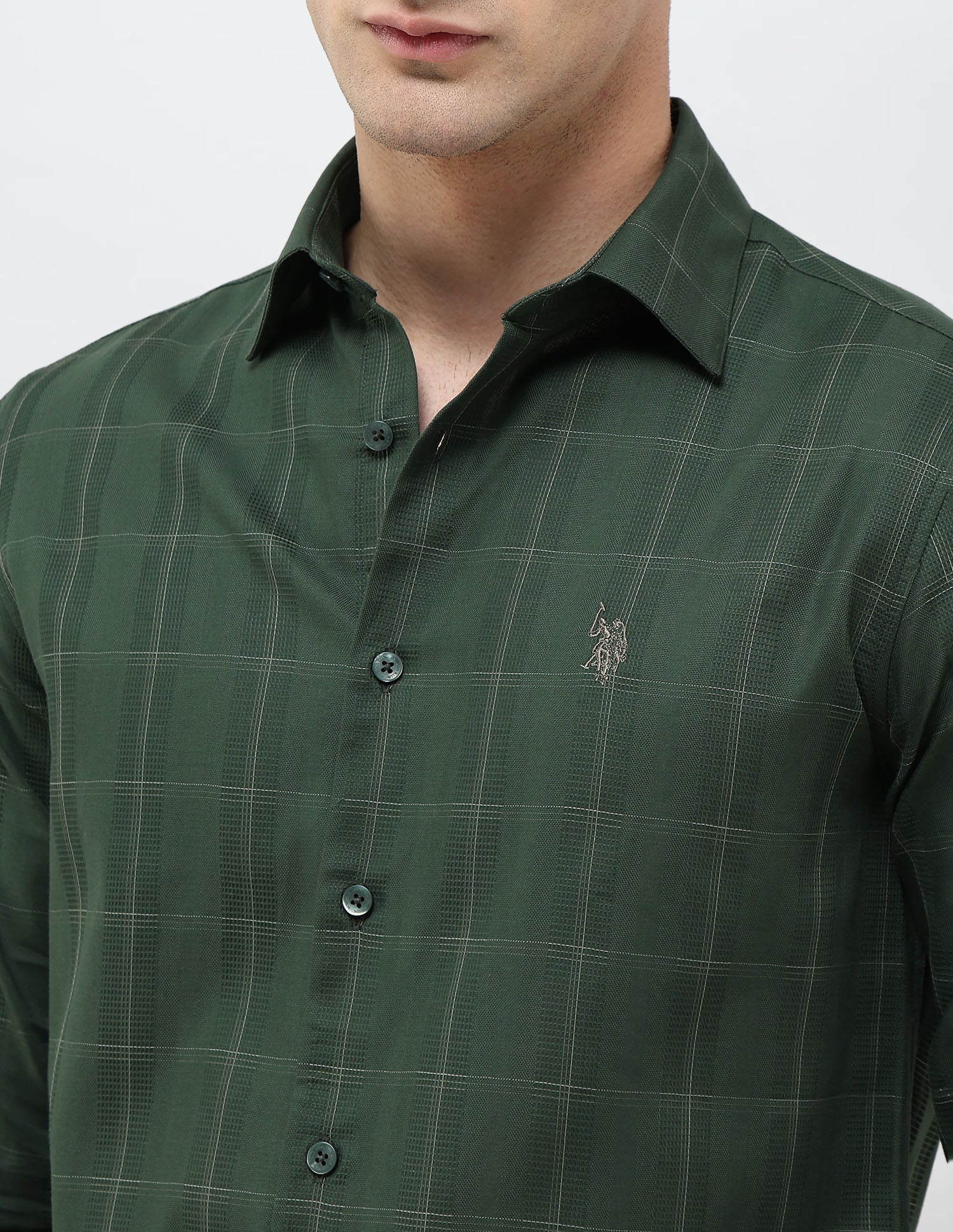 Textured With Grid Checked Dobby Shirt Green - U.S. POLO ASSN. | Large