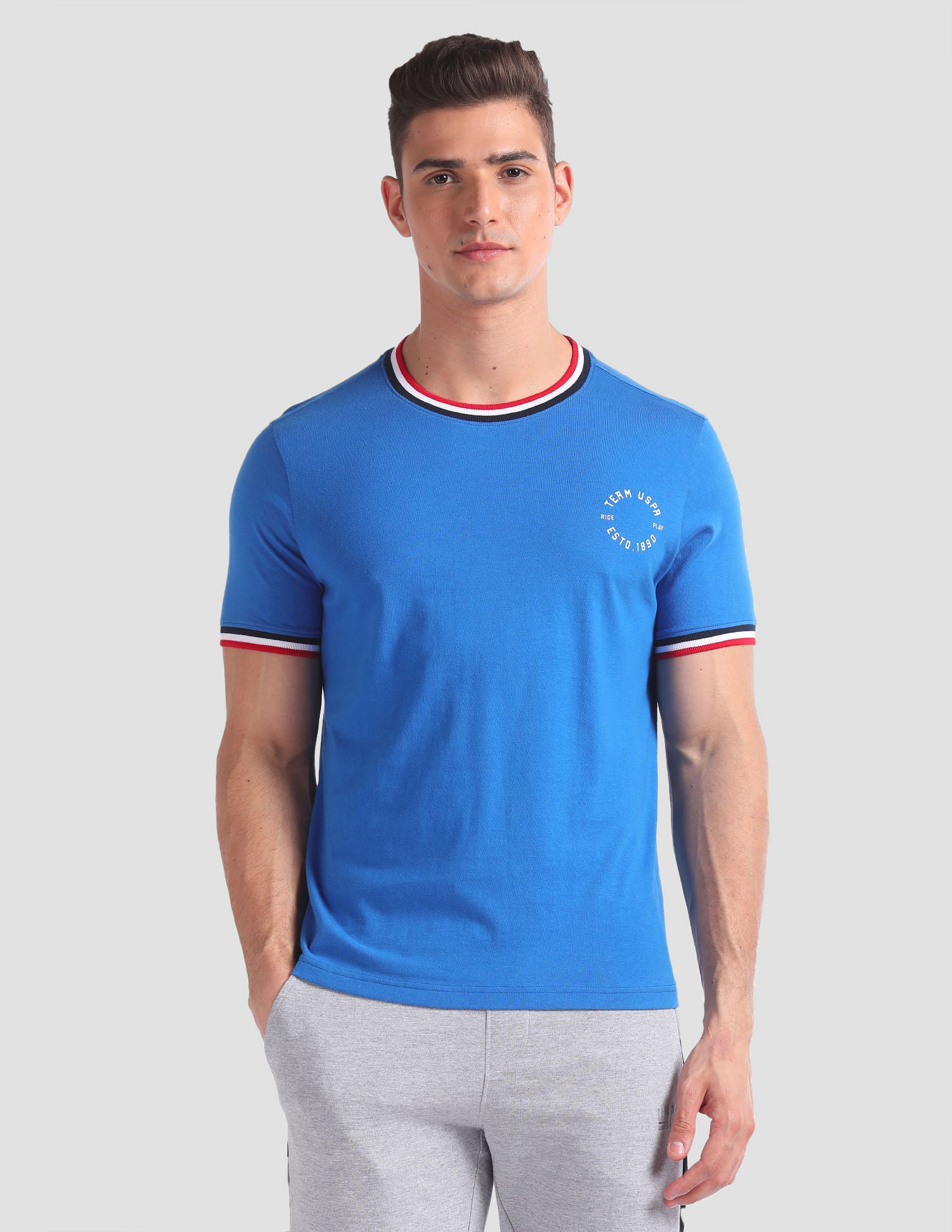 Striped Neck Cotton OEE01 Lounge T-Shirt - Pack Of 2 Methyl Blue and Black - U.S. POLO ASSN. | Large