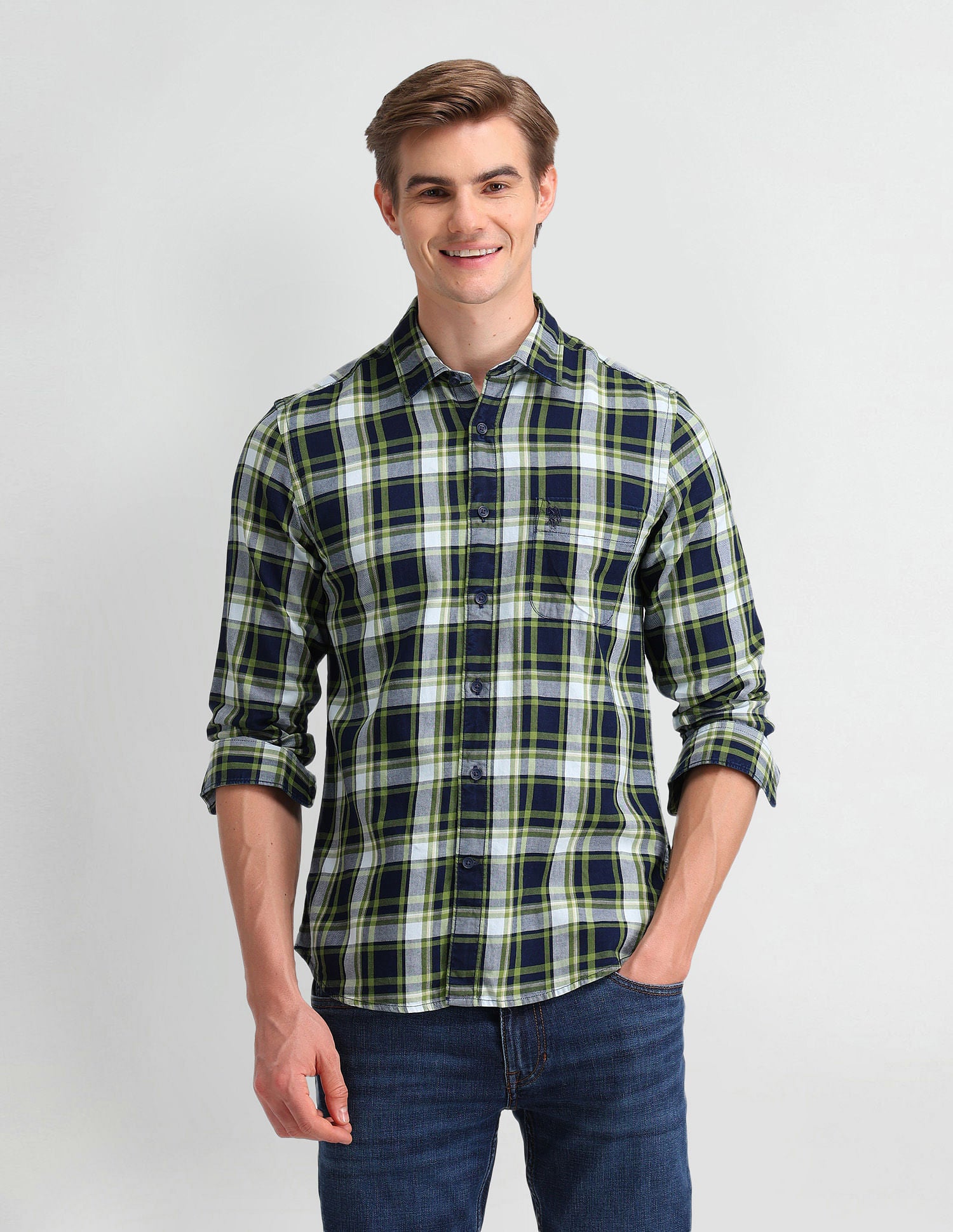 Tartan Checked Slim Fit Shirt Light Green - U.S. Polo Assn. India | Large