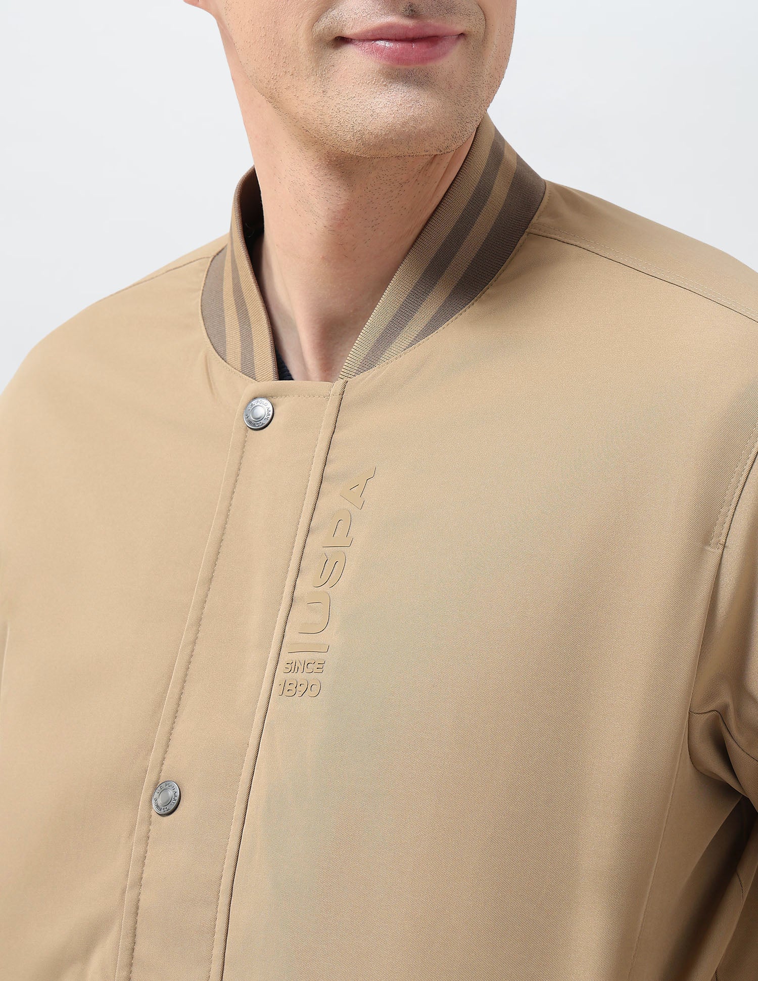 Solid Regular Fit Bomber Jacket Khaki - U.S. Polo Assn. India | Large