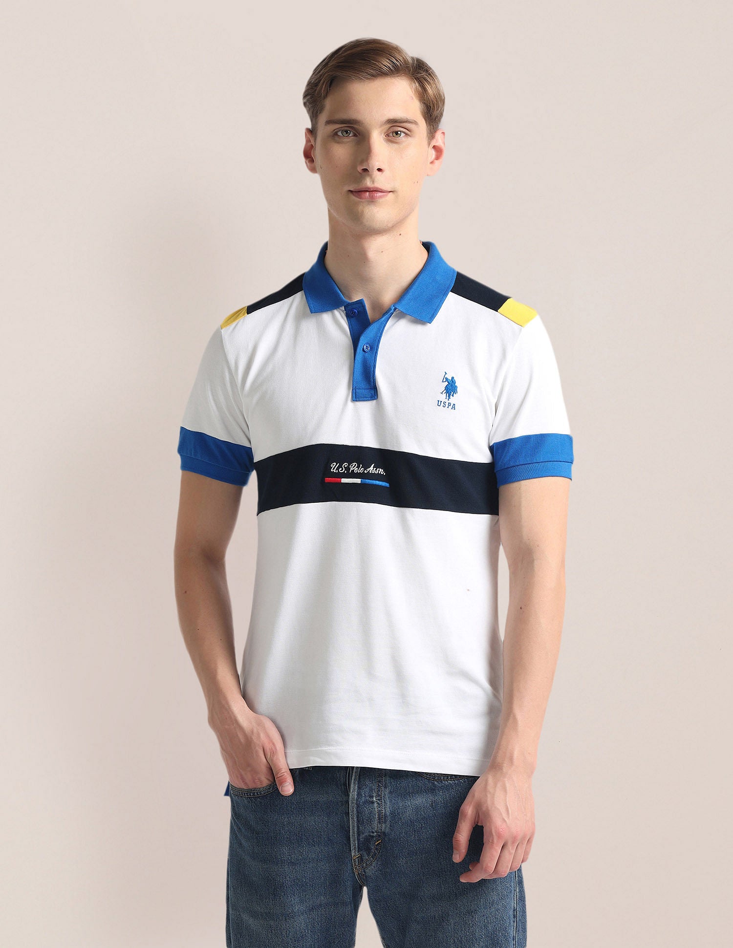 Colour Block Pique Polo Shirt White - U.S. Polo Assn. India | Large