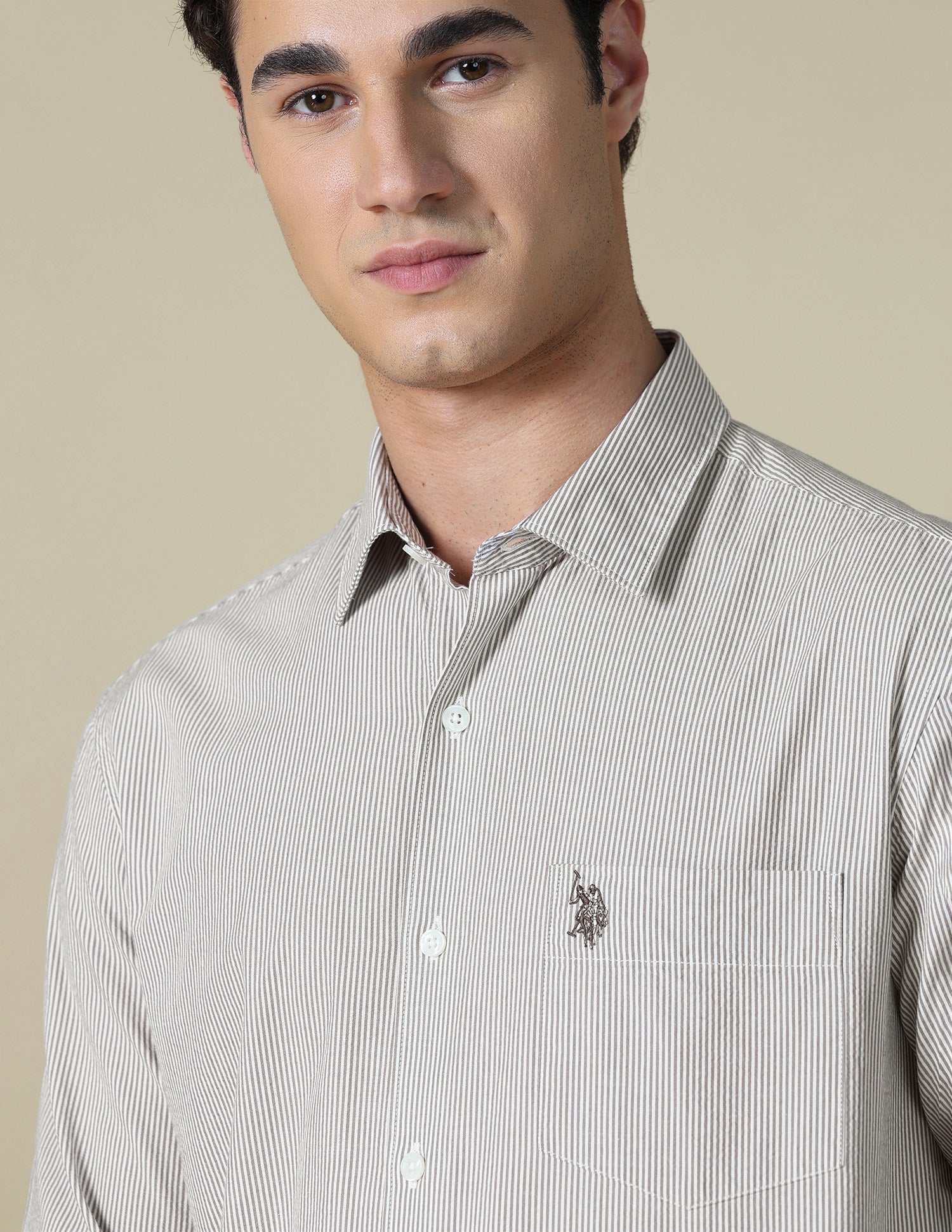 Vertical Striped Seersucker Shirt Beige - U.S. Polo Assn. India | Large