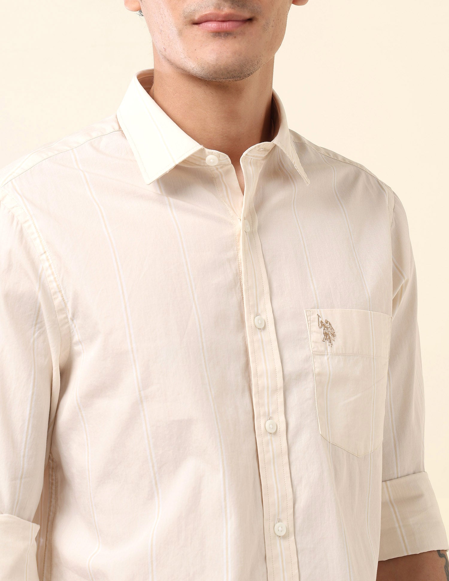 Pinstriped Pure Cotton Shirt Beige - U.S. Polo Assn. India | Large